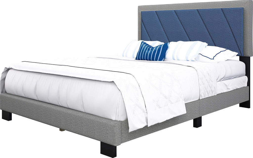 Boyd Sleep Diagonal Upholstered Platform Bed with Headboard and Durable Mattress Foundation with Strong 4 Wood Slat Supports, Box Spring Required: Queen, Blue/Gray