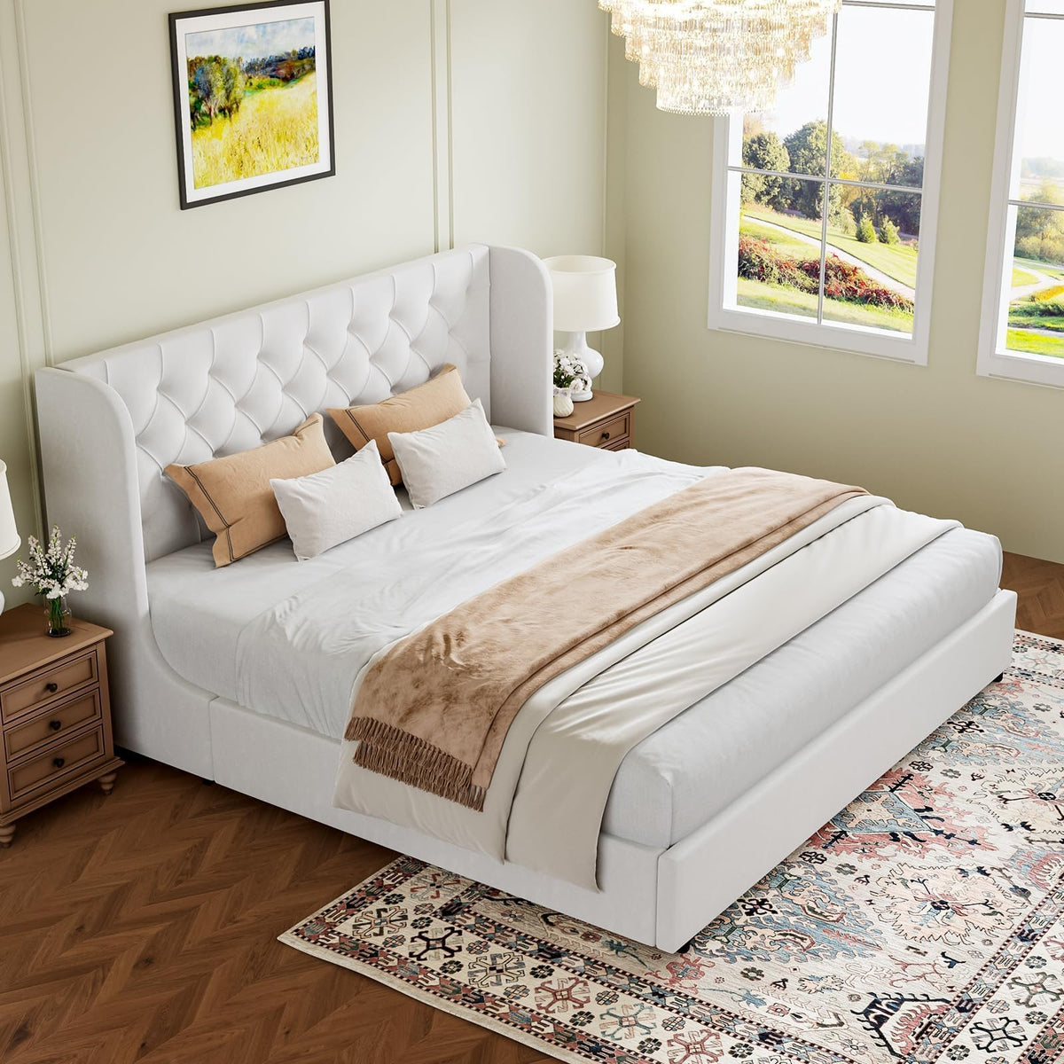 HOMBCK King Size Bed Frame and Headboard, White Velvet Upholstered Bed Frame with Wide Wingback, Tufted Design, Sturdy Wooden Sl