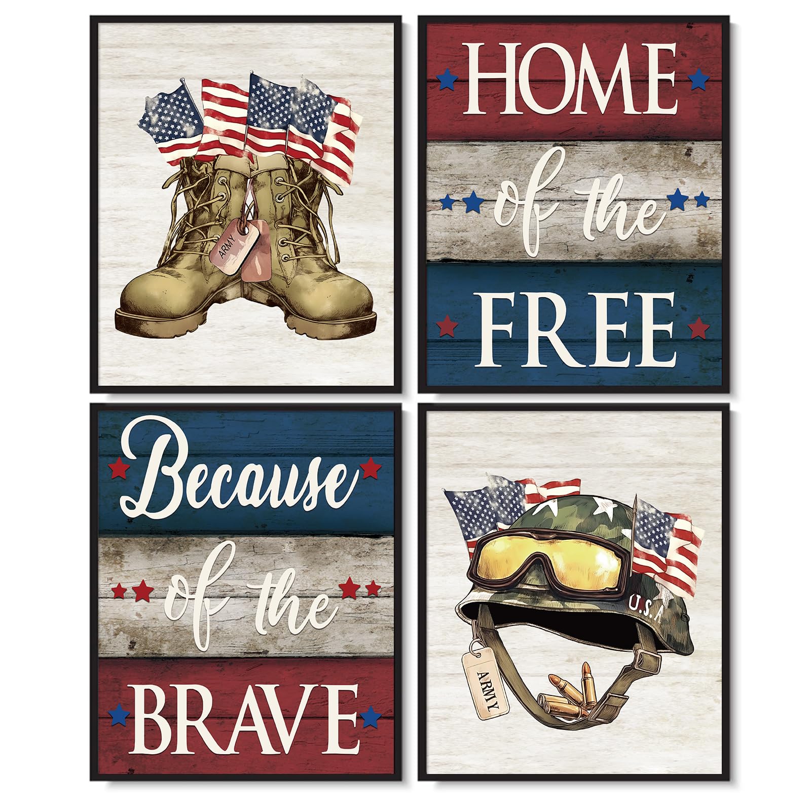 Whaline 4 Pcs Patriotic Decoration 4th of July Wall Art Prints Memorial Day Soldier Boots Helmet Paper Art Poster Military Appre