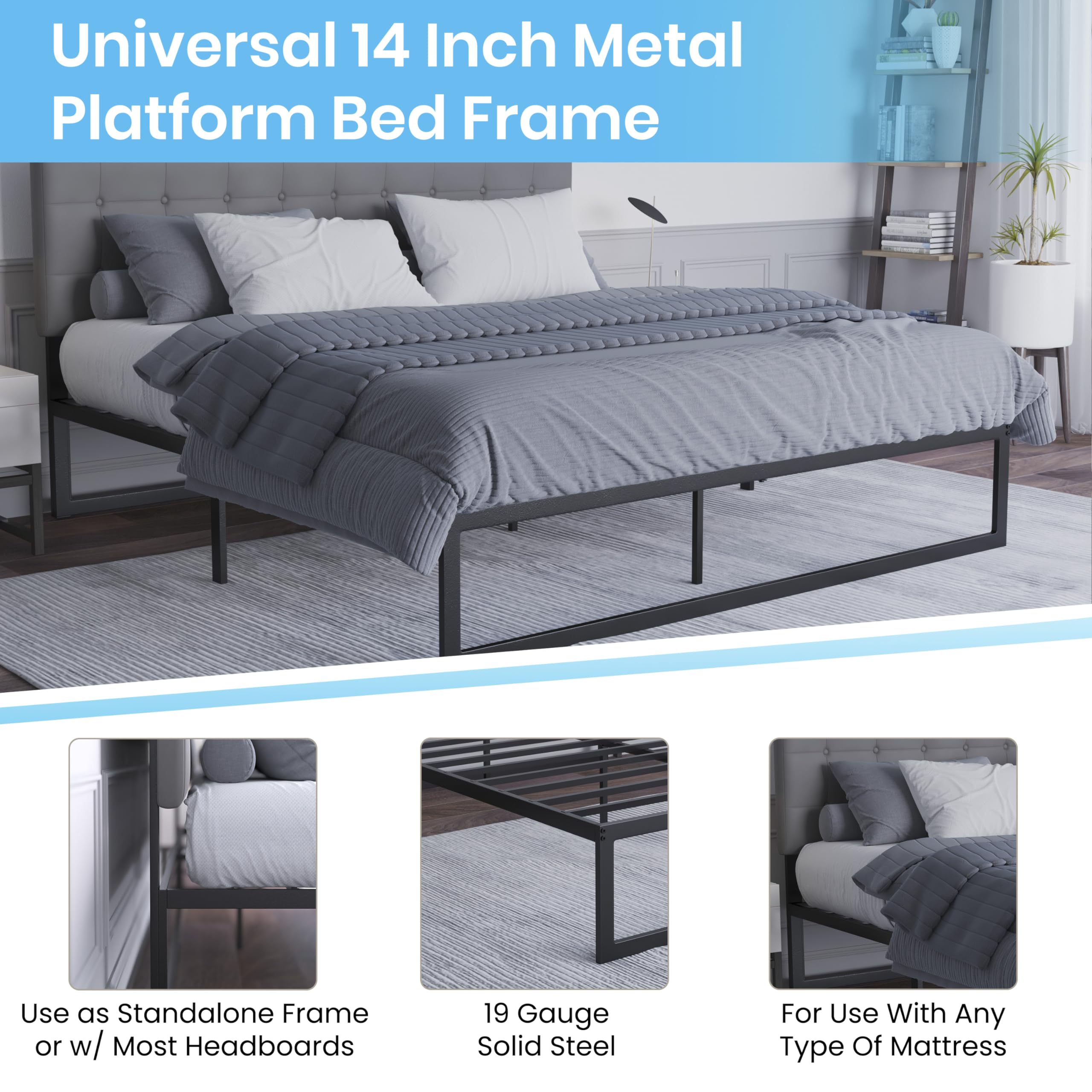 Flash Furniture Bentley 14" Metal Platform Bed Frame - Black Frame/Steel Slat Supports - 12.5" Underbed Storage - No Box Spring Needed - Quick Lock Functionality-King