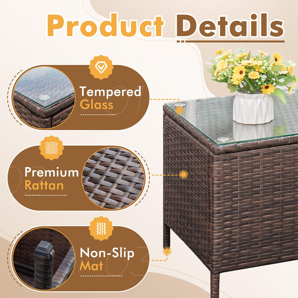 Flamaker Patio Furniture Set 3 Pieces All-Weather Rattan Outdoor Furniture Patio Chairs With Tempered Glass Table For Porch Bistro Balcony (Brown/Cream)