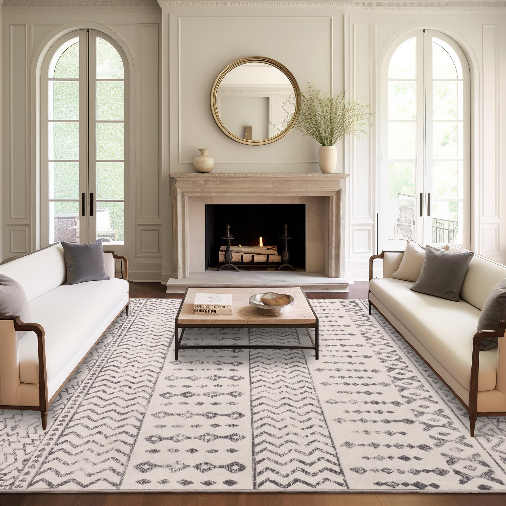 Art&Tuft 8X10 Area Rug, Super Soft Ultra-Thin Moroccan Washable, Anti-Slip Backing Rugs For Living Room, Foldable Geometric Mach