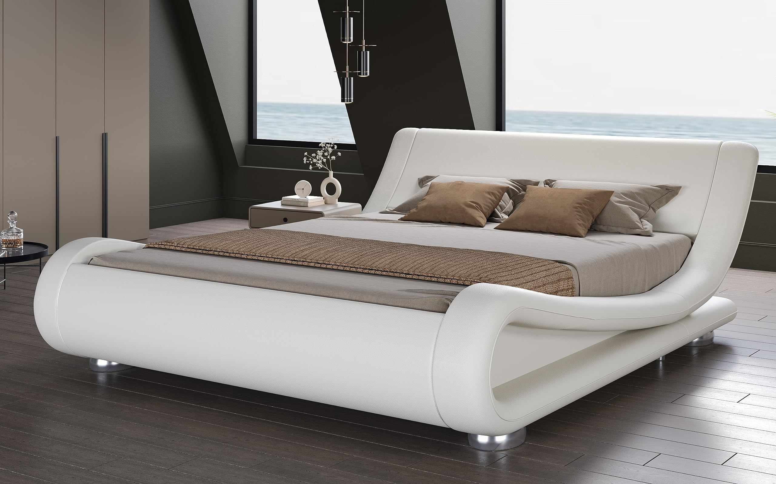 SHA CERLIN King Size Upholstered Bed Frame, Deluxe Low Profile Sleigh Bed with Faux Leather Ergonomics Headboard, No Box Spring 