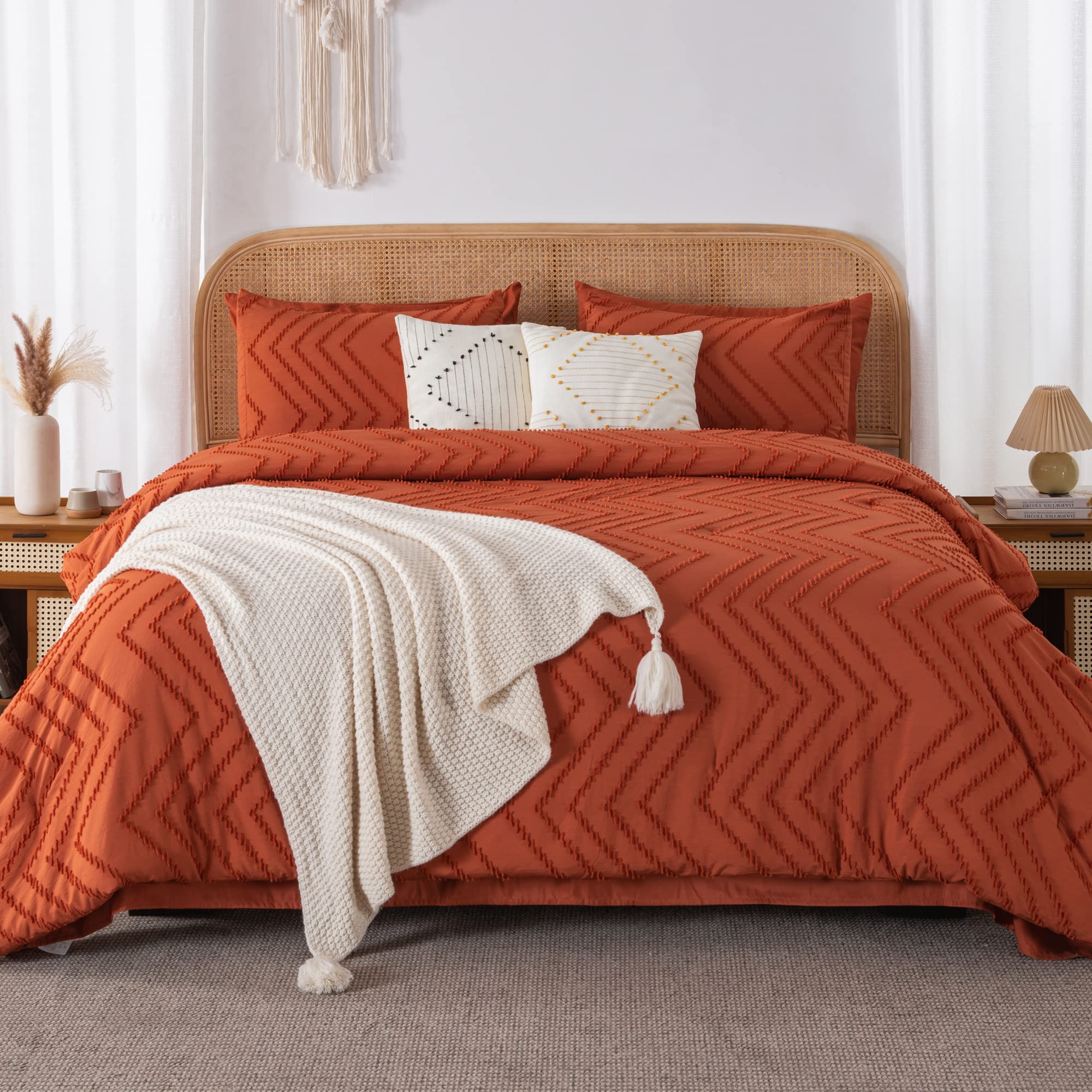 Litanika King Size Comforter Set With Sheets Burnt Orange - 7 Pieces Bed In A Bag King Boho Terracotta Complete Beddding Sets Ru