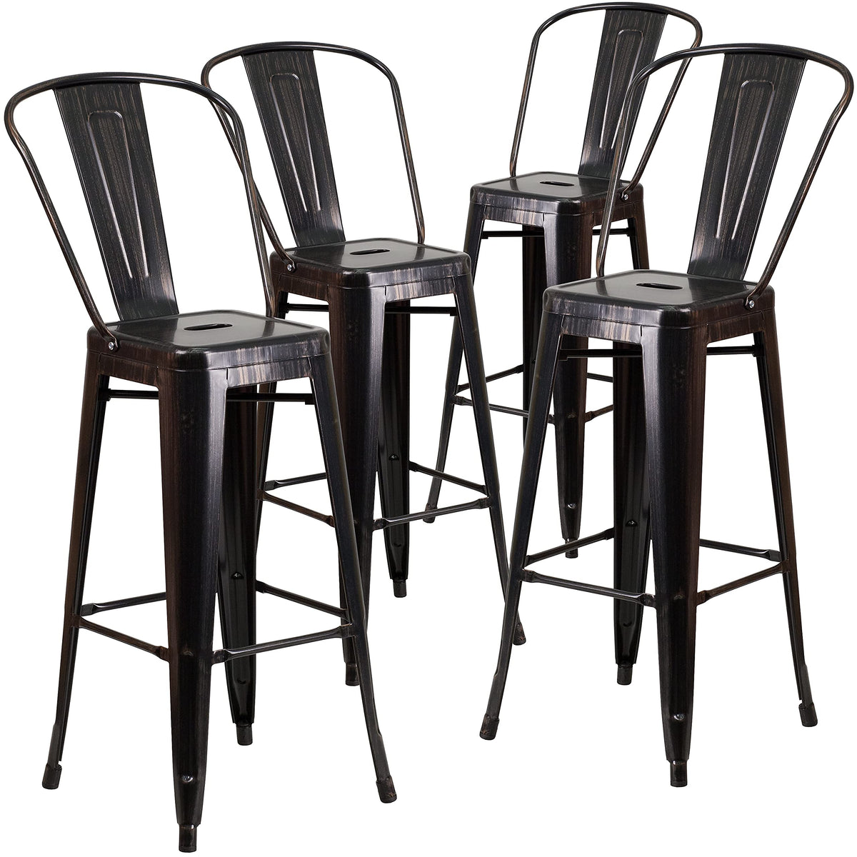 4 Pk. 30 High Black-Antique Gold Metal Indoor-Outdoor Barstool with Back