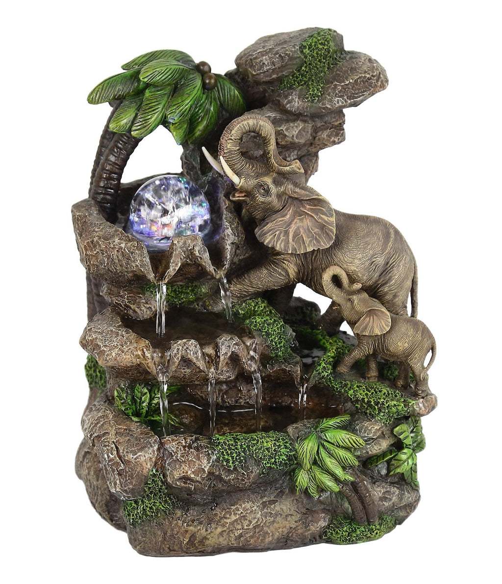 Ok Lighting 11.00" H Elephant Table Fountain, Brown, Green