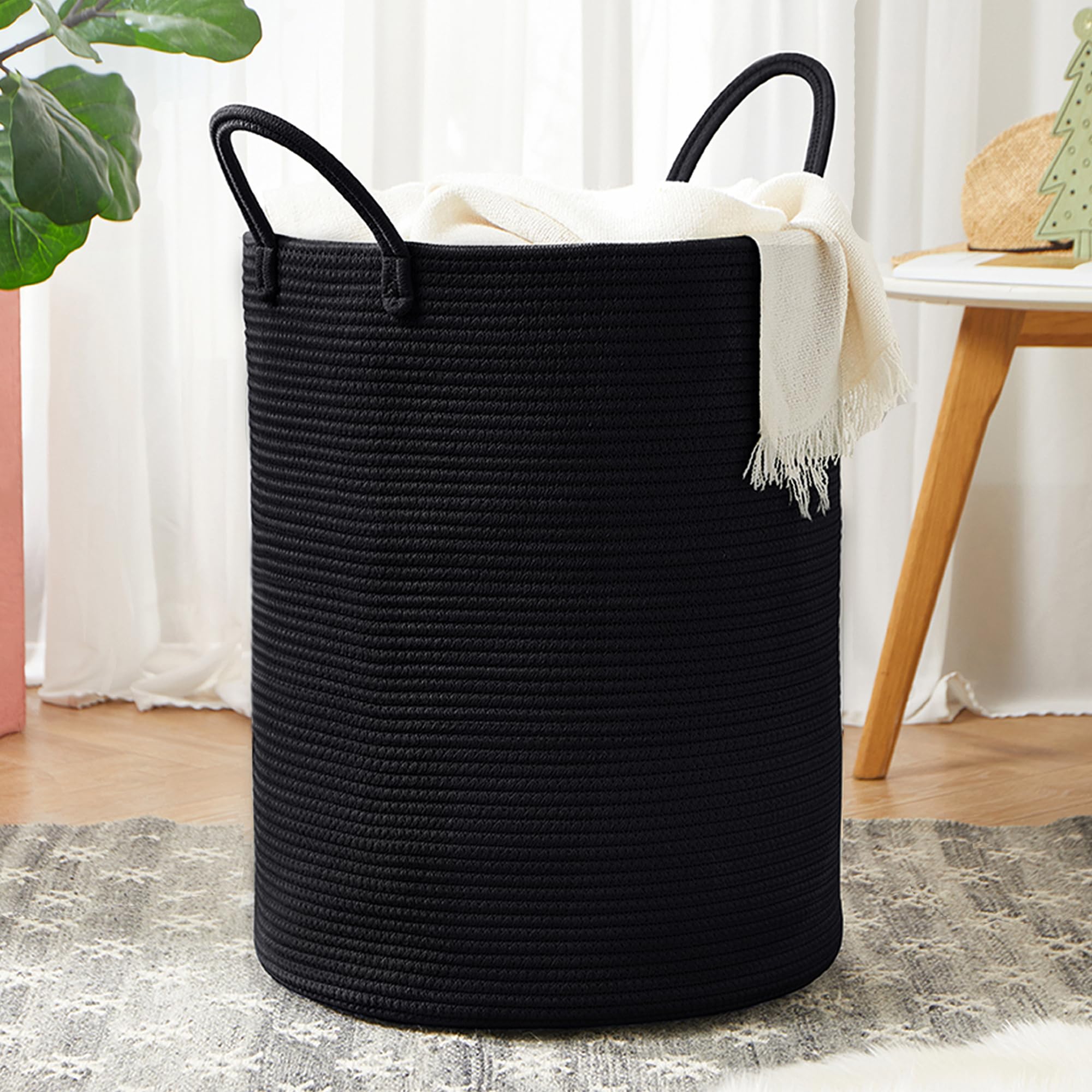 MOJOSCEND 62L Black Laundry Basket Hamper, 15Dx20H inches Woven Rope Laundry Basket, Modern Hamper for Clothes in College Dorm