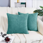 Brawarm Chenille Throw Pillow Covers 22X22 Inches - Teal Chenille Pillow Covers Pack Of 2, Solid Dyed Soft Chenille Pillow Cases