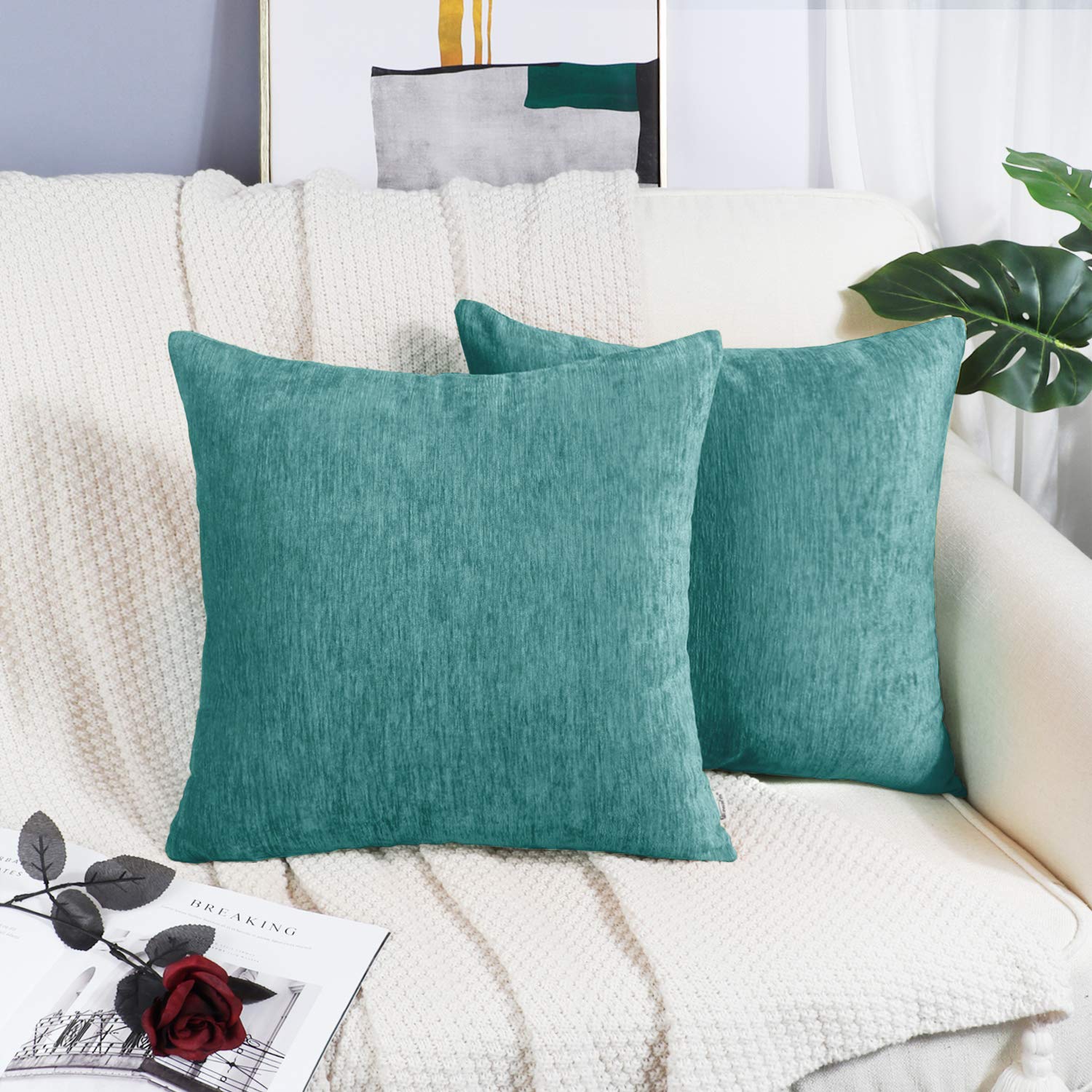 Brawarm Chenille Throw Pillow Covers 22X22 Inches - Teal Chenille Pillow Covers Pack Of 2, Solid Dyed Soft Chenille Pillow Cases