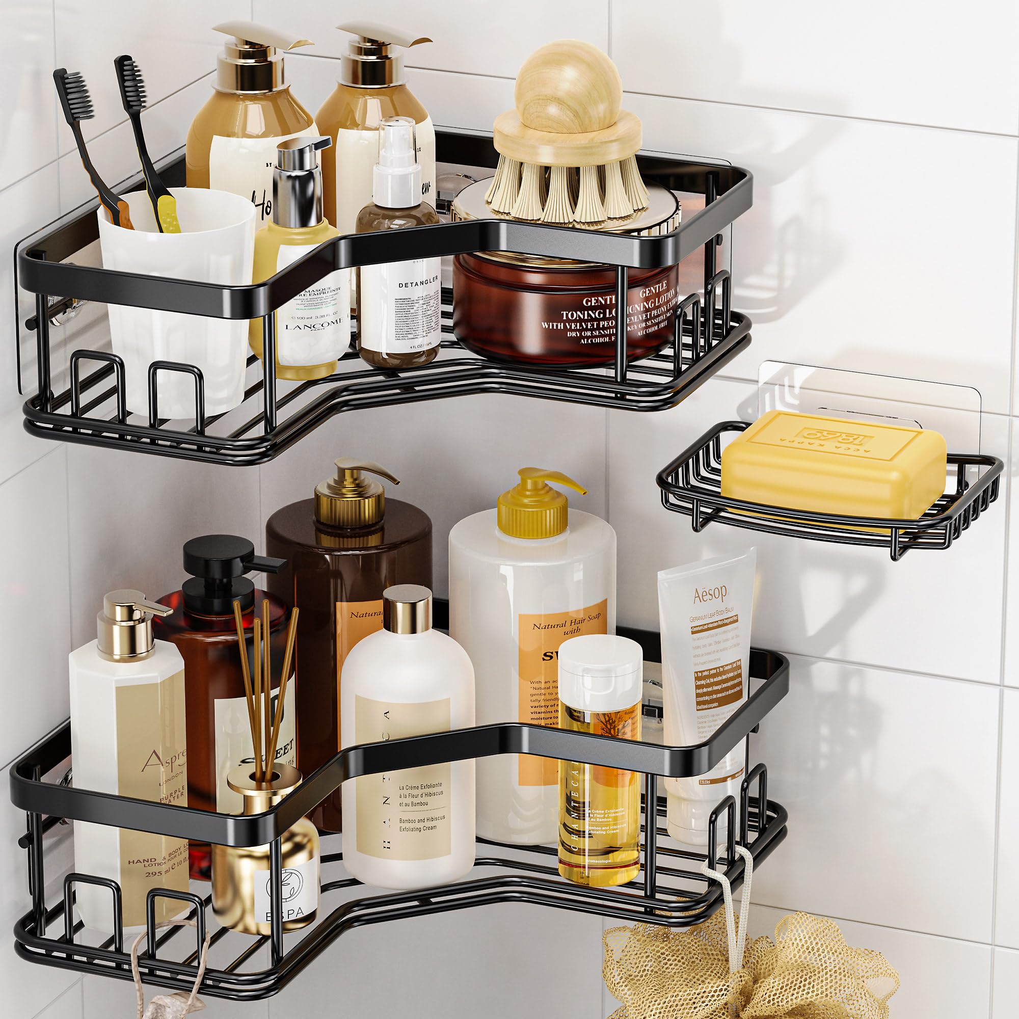 MAXIFFE Shower Caddy, 3-Pack Shower Organizer with Soap Holder, Corner Shower Caddy with 8 Hooks, Wall Mounted Shower Shelf for 