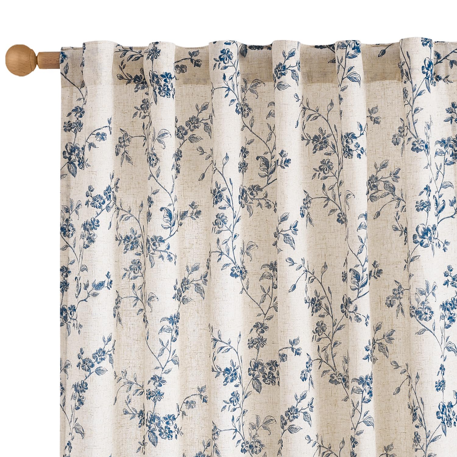 Lazzzy Blue Floral Linen Curtains 84 Inch Length Farmhouse Curtain Back Tab Drapes for Living Room Bedroom Light Filtering Vinta