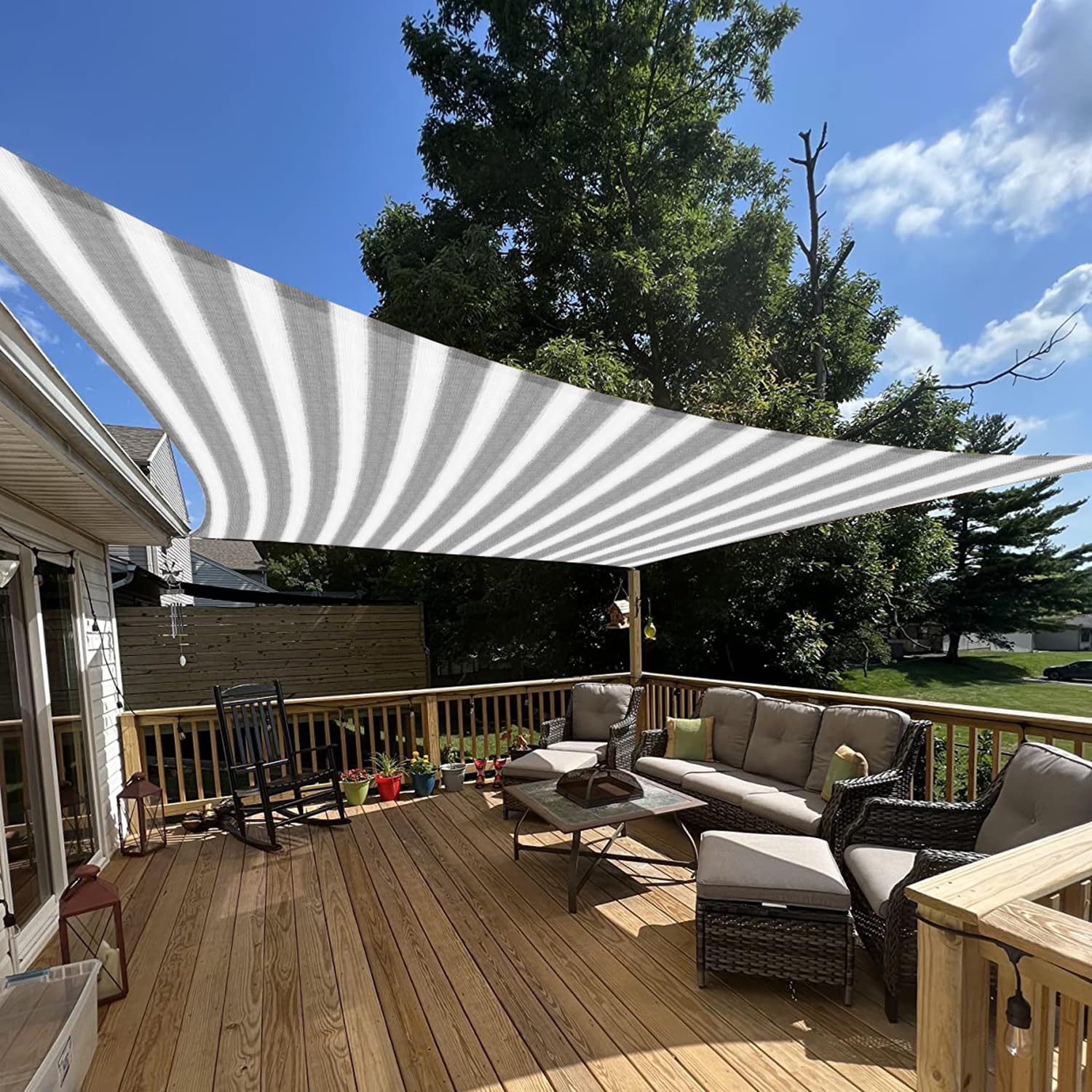 E&K Sunrise 7' X 8' Sun Shade Sail Rectangle Canopy Shade Cover Uv Block For Patio Backyard Garden Outdoor (Gray White Stripe)