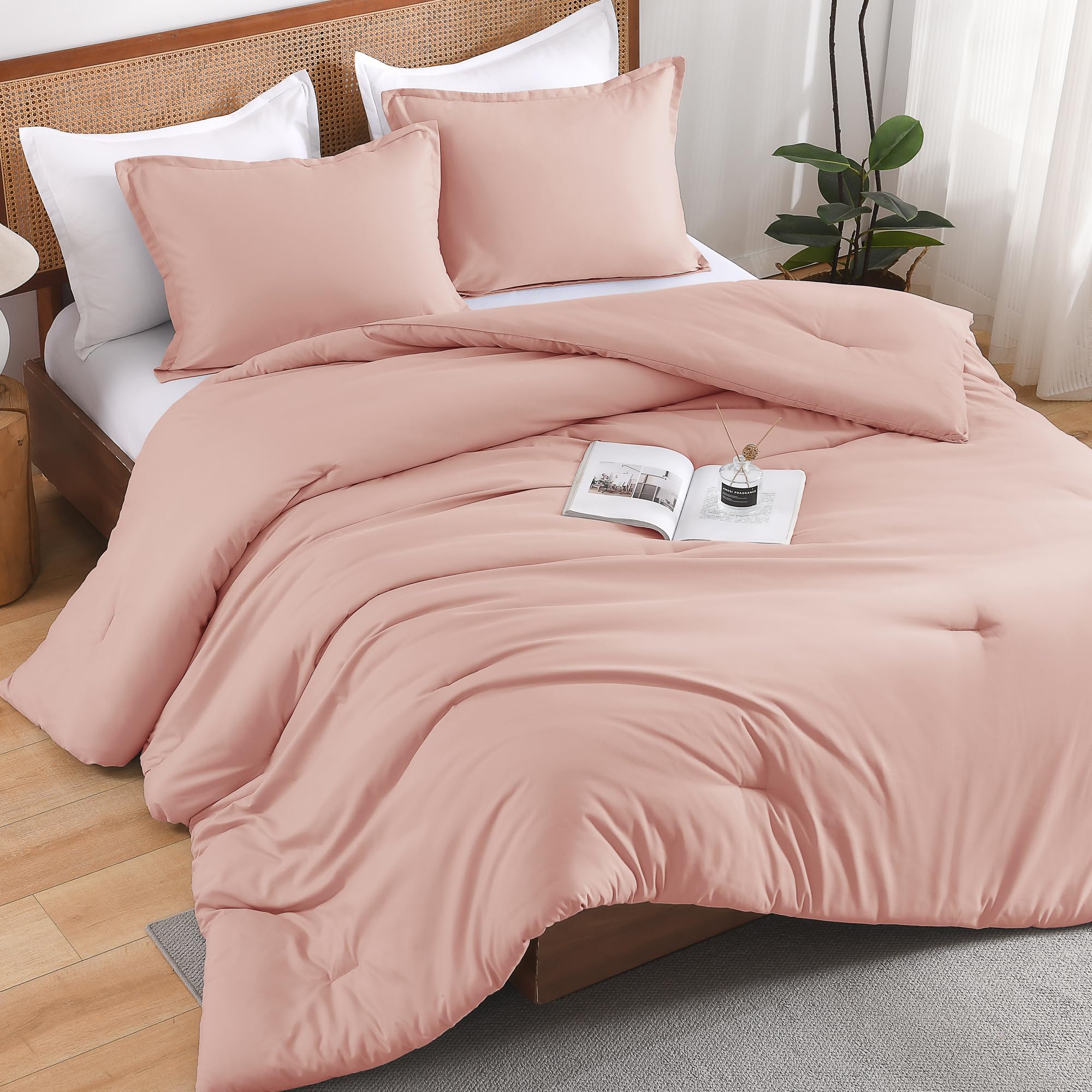 Andency California King Size Comforter Set, 3 Pieces Blush Pink Boho Solid Bedding Comforter Set, Modern Reversible Soft Fluffy Cal King Bed Set For All Season