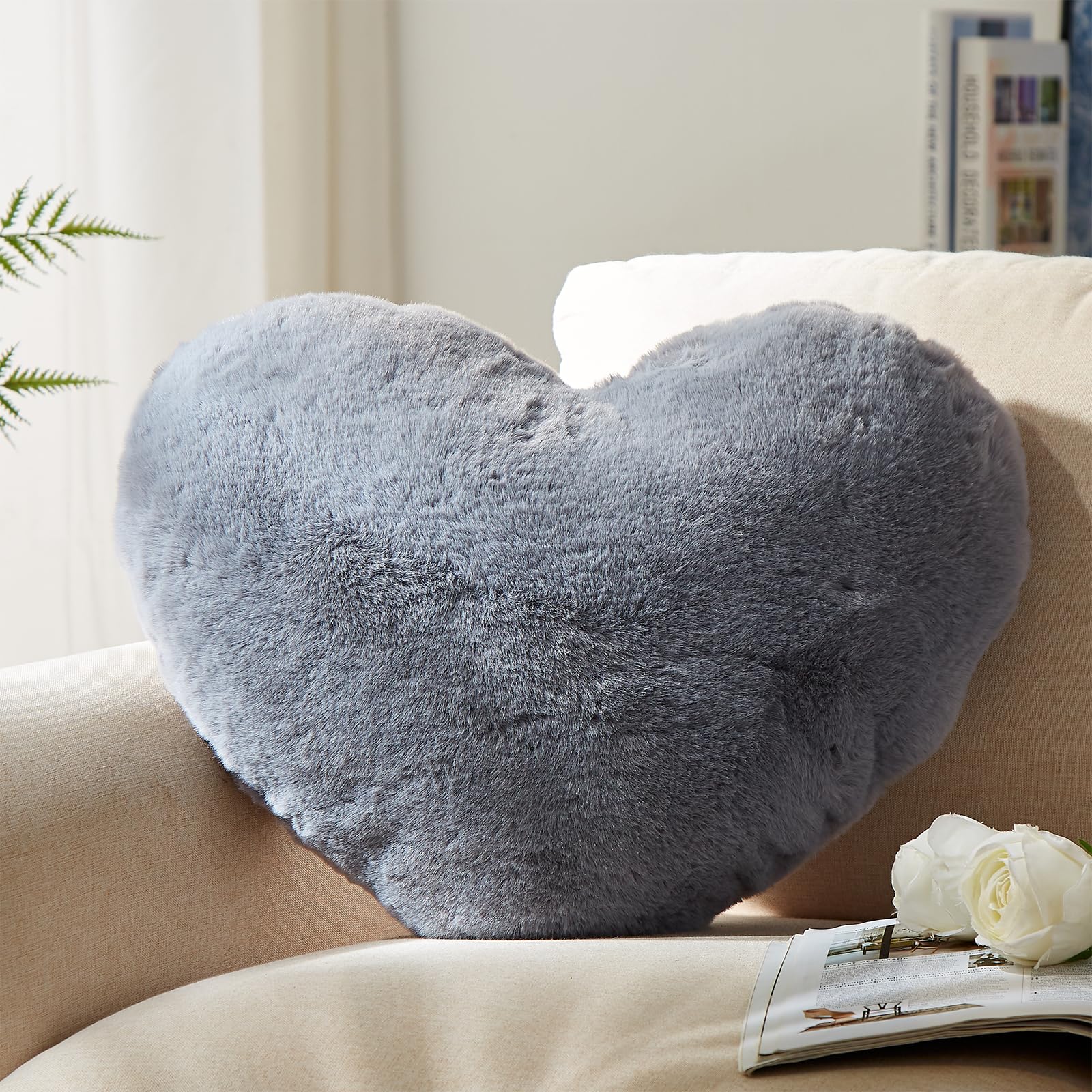 Yrxrus Heart Pillow, Grey Heart Pillows, Love Pillow Gifts, 14X17 Inch Large Heart Shaped Pillows, Faux Rabbit Fur Coquette Room