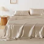 Bedsure Satin Sheets King - Similar To Silk Sheets, Silky Bedsheet, Luxury & Ultra Soft, Non-Fading & Wrinkle Free, Good For Hair & Skin, Gifts For Women, 4 Pieces, Khaki