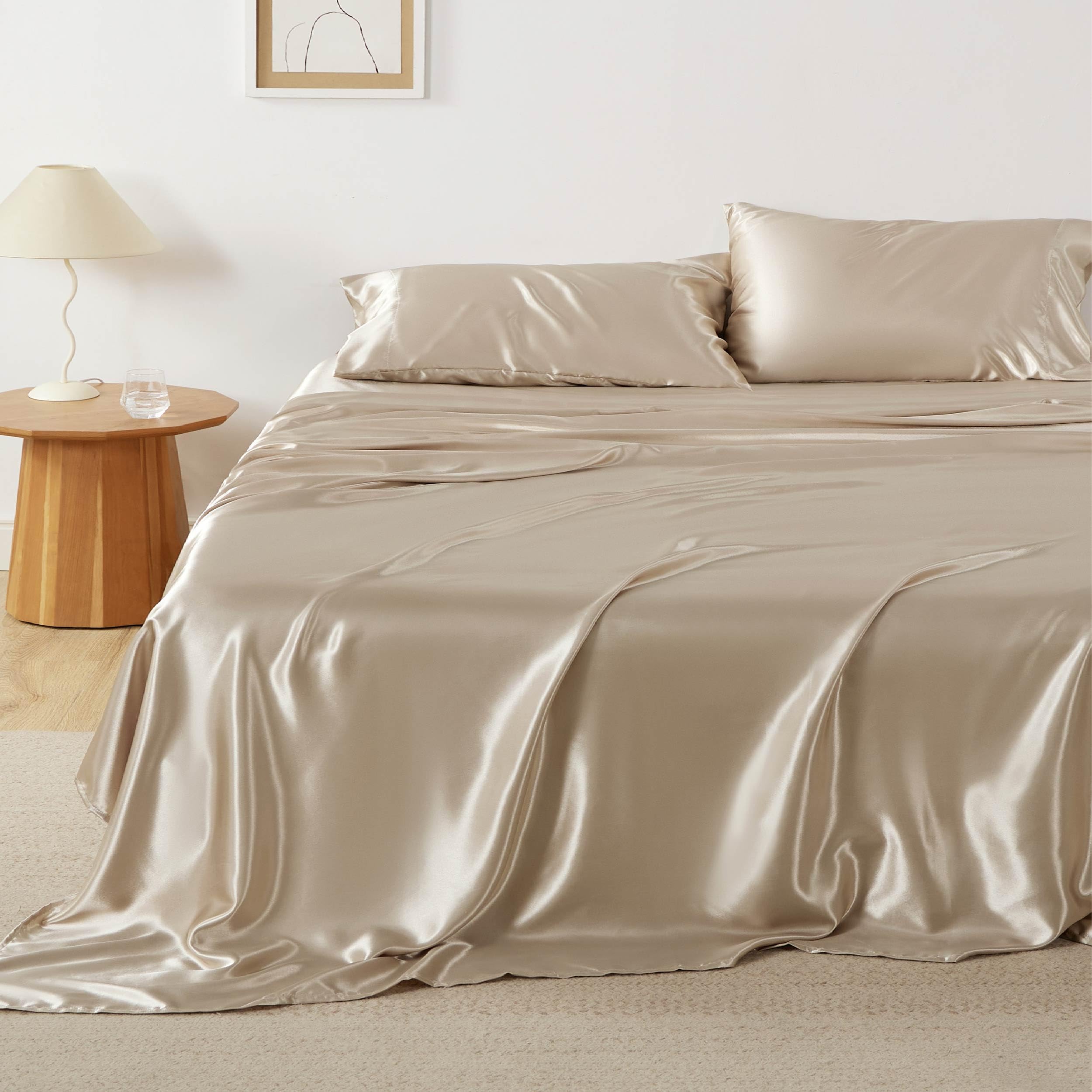 Bedsure Satin Sheets King - Similar To Silk Sheets, Silky Bedsheet, Luxury & Ultra Soft, Non-Fading & Wrinkle Free, Good For Hair & Skin, Gifts For Women, 4 Pieces, Khaki