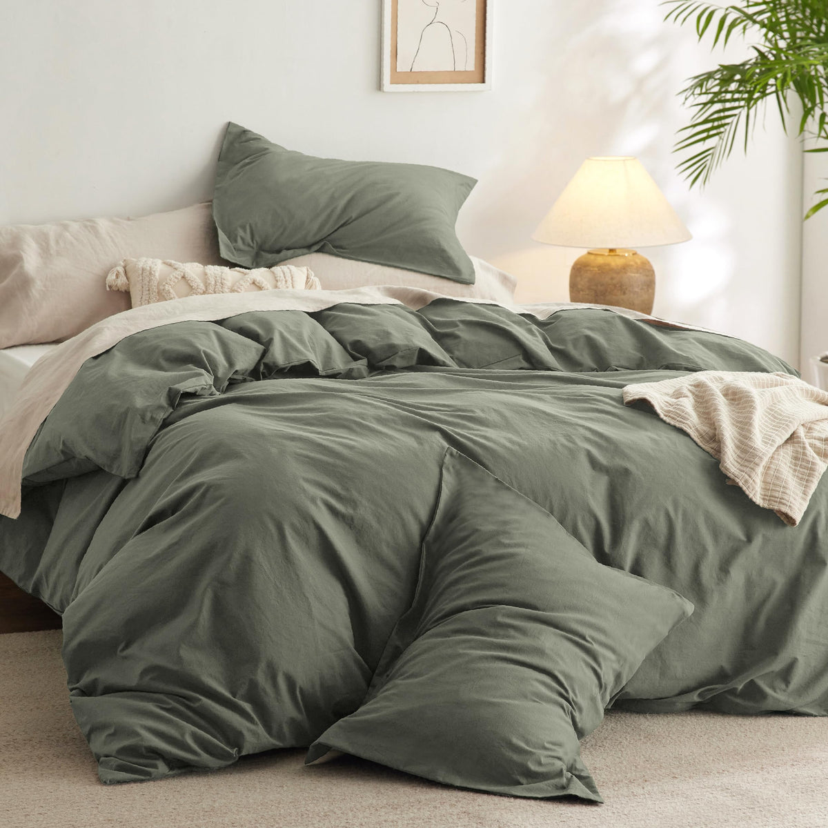 Bedsure Comforter Set King Size Grayish Olive Green - Cotton Fabric With Microfiber Inner Fill, King Comforter Set For All Seaso