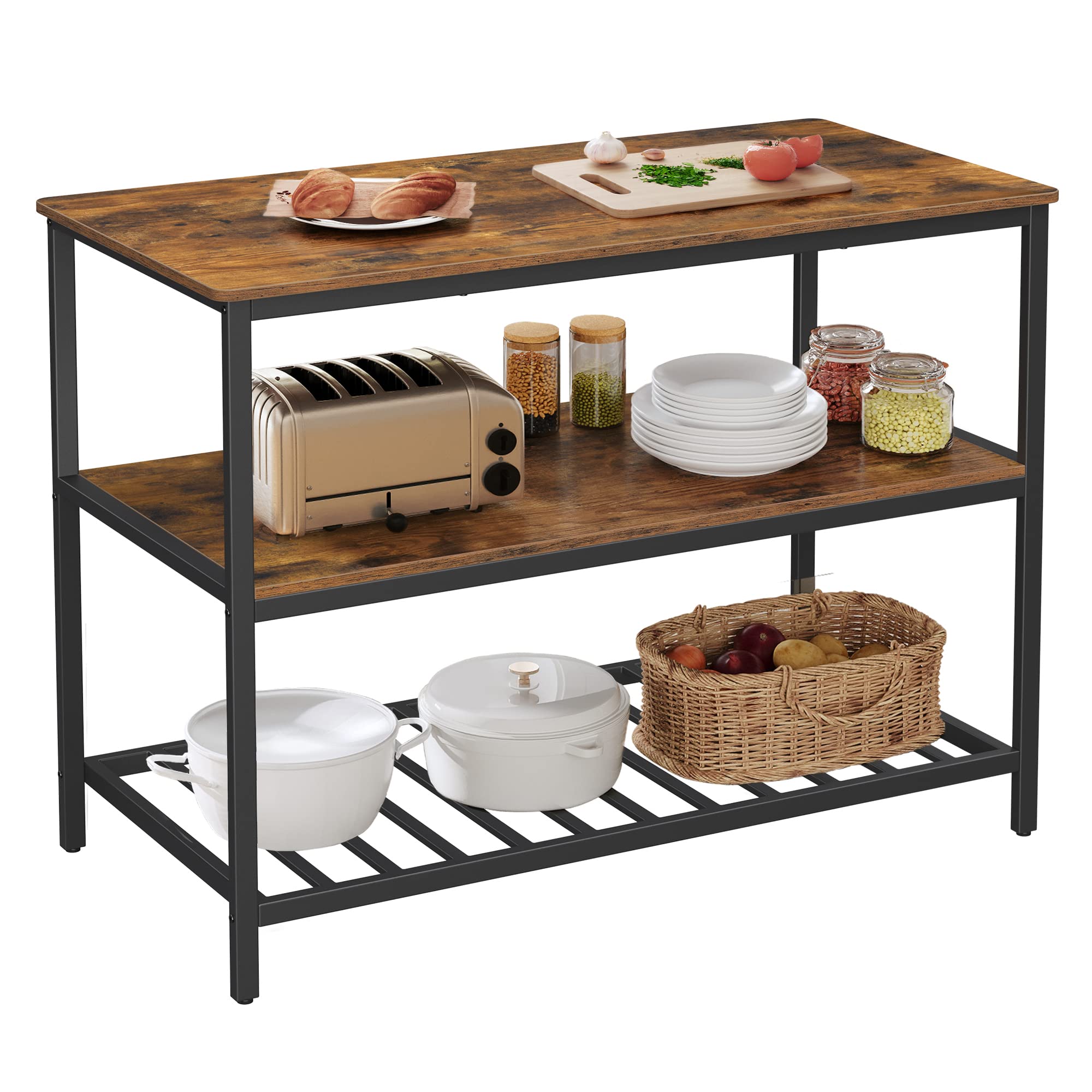 VASAGLE Kitchen Island with 3 Shelves, 47.2 Inches Kitchen Shelf with Large Worktop, Stable Steel Structure, Industrial, Easy to