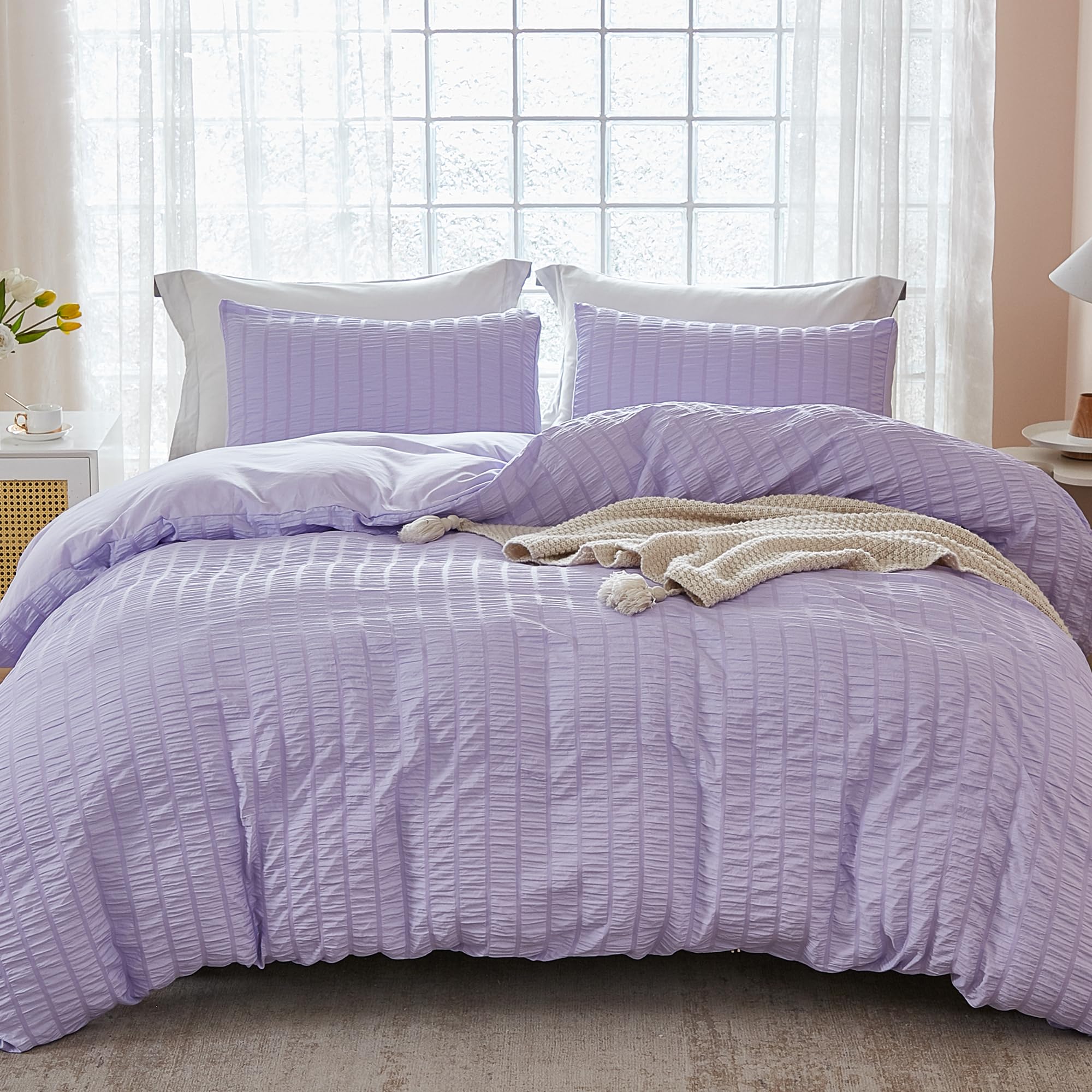 Avelom Lavender Purple Seersucker Duvet Cover Set Queen (90 X 90 Inches), 3 Pieces (1 Duvet Cover + 2 Pillow Cases), Ultra Soft Washed Microfiber, Textured Duvet Cover With Zipper Closure, Corner Ties