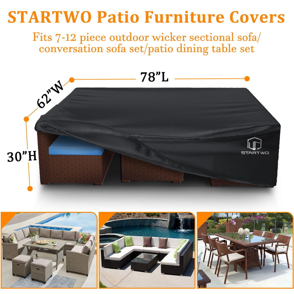Startwo Patio Furniture Covers Waterproof, Anti-Uv Tear-Resistant Heavy Duty Outdoor Furniture Cover For Sectional Sofa, Patio Table Cover, 78'Lx62'Wx30'H, Black