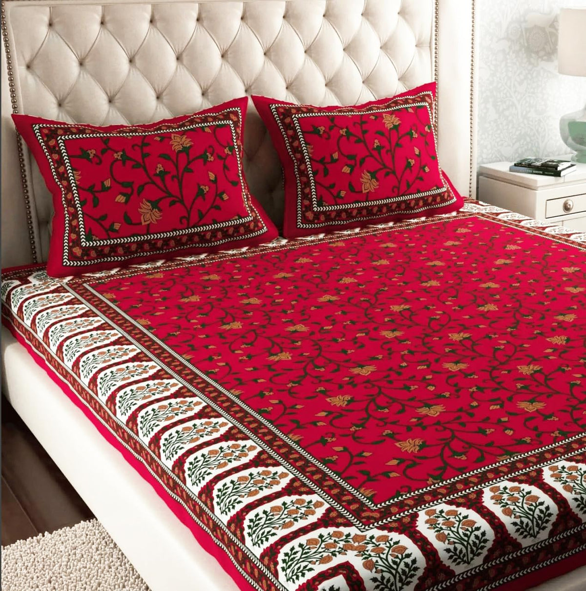 ColorKart Pure 180 Tc 100% Cotton Double Bed Sheet with 2 Pillow Covers (Bedsheet for Double Bed Cotton, Red Floral Jaipuri, Kin