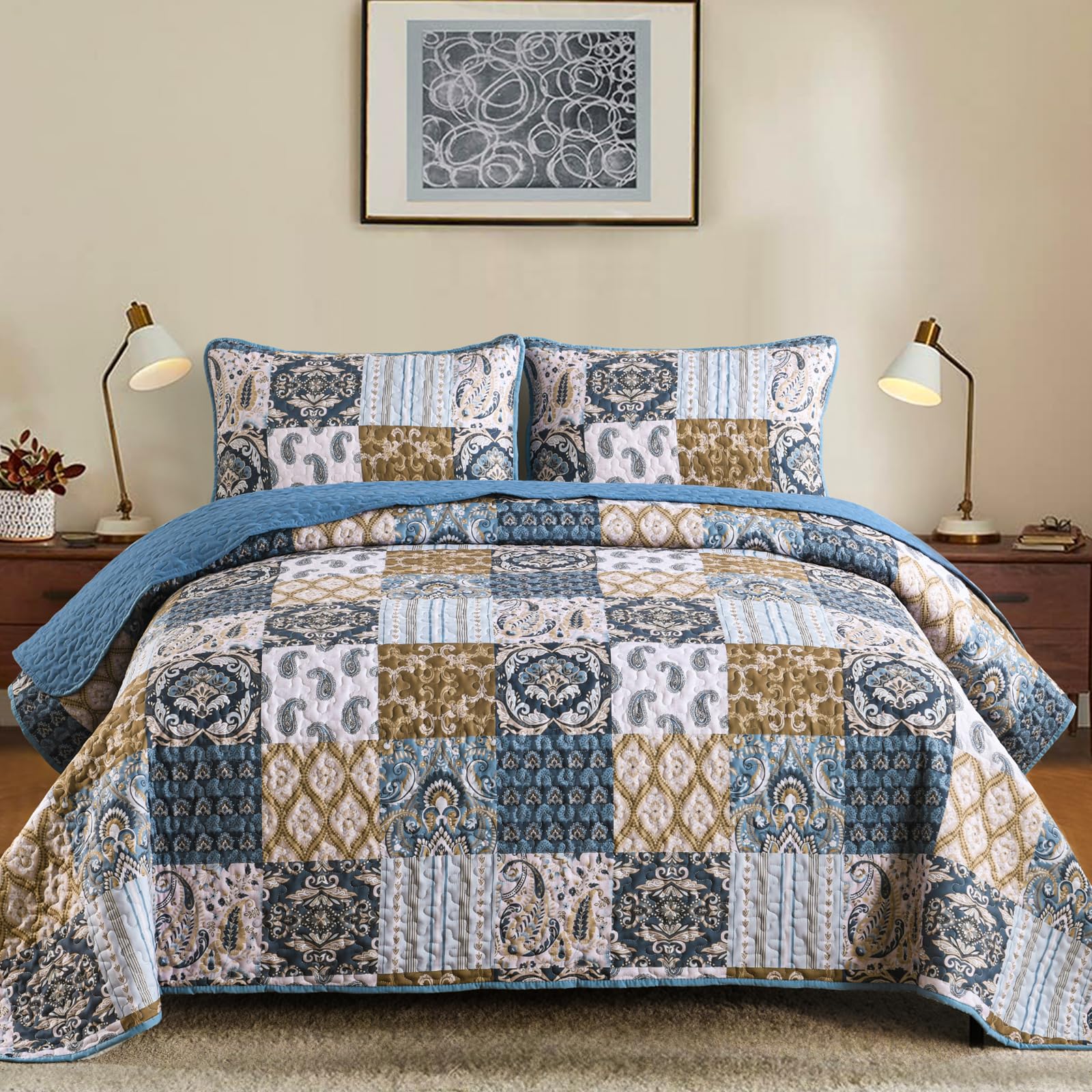 Wongs Bedding Boho Quilt Set Queen Size, Blue Patchwork Plaid Bedspread Bedding Sets Paisley Soft Microfiber Quilts For Queen Be