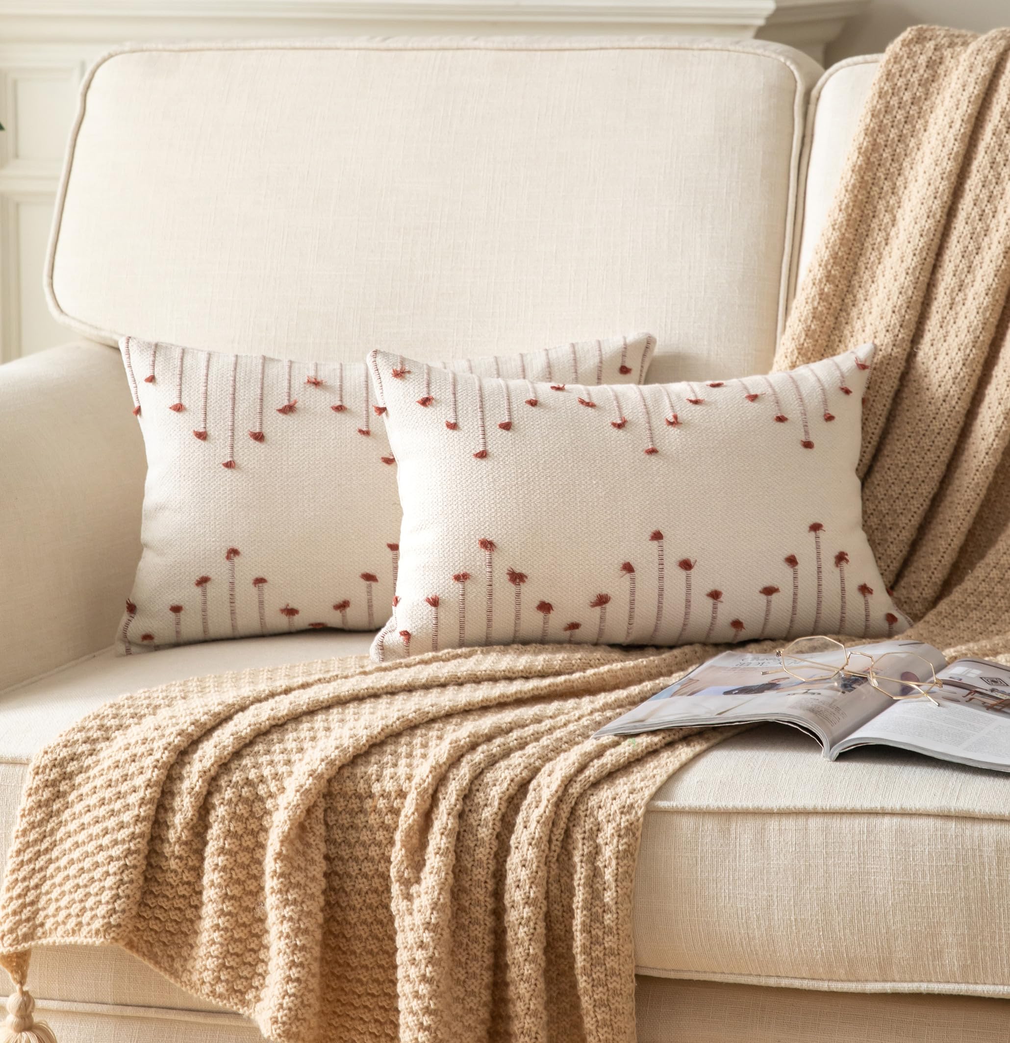 Caflife Boho Throw Pillow Covers 12X20 Set Of 2 Decorative Pillows For Bed, Neutral Pillow Covers Beige With Rust Line Throw Pil
