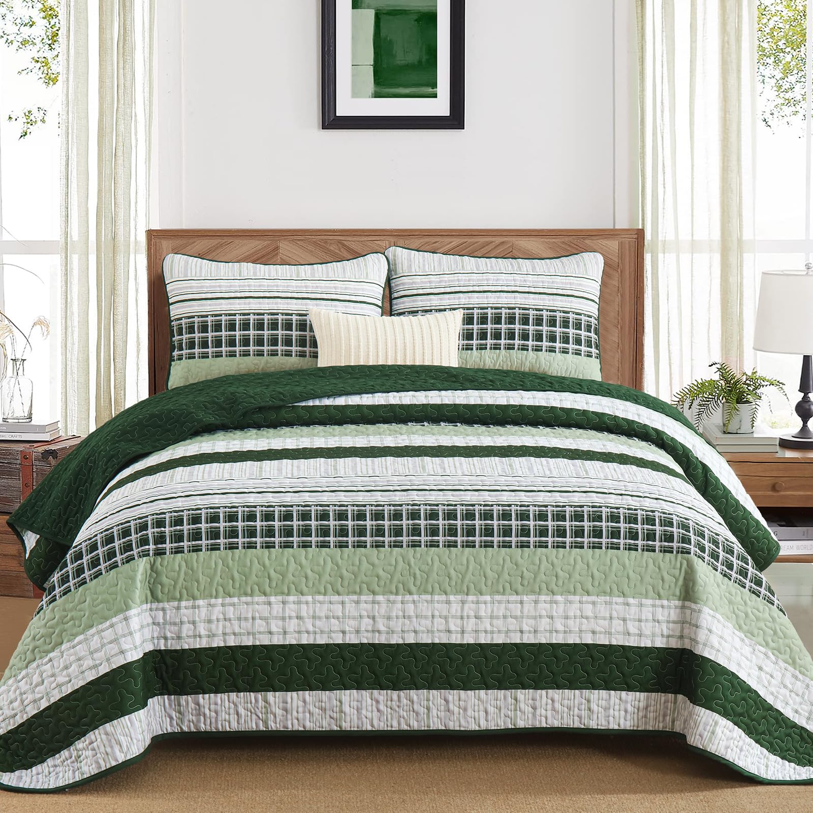 Djy Striped Quilt Set Queen Size, Green Boho Bedspread Set 3 Pieces Patchwork Coverlet Bedding Set Lightweight Soft Microfiber F
