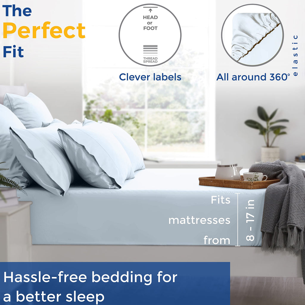 Thread Spread Luxury Sheets 600 Thread Count - Egyptian Cotton Quality Twin Size Sheet Set - Deep Pocket Fitted Bedding Sheets & Pillowcases - 3 Pc Breathable - Light Blue Sheets For Boys & Girls