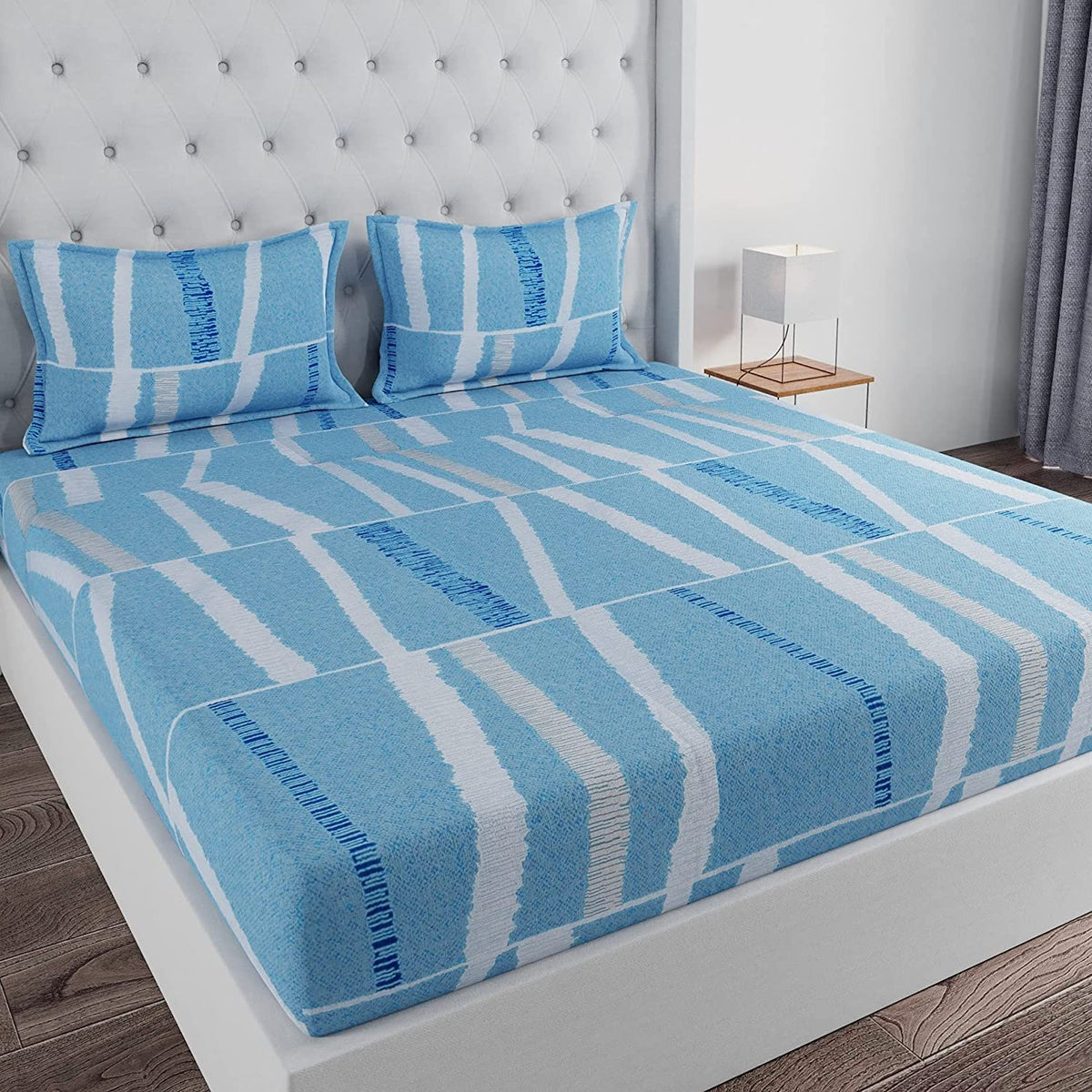 Huesland by Ahmedabad Cotton 144 TC Cotton Bedsheet for Double Bed with 2 Pillow Covers  Sky Blue & White