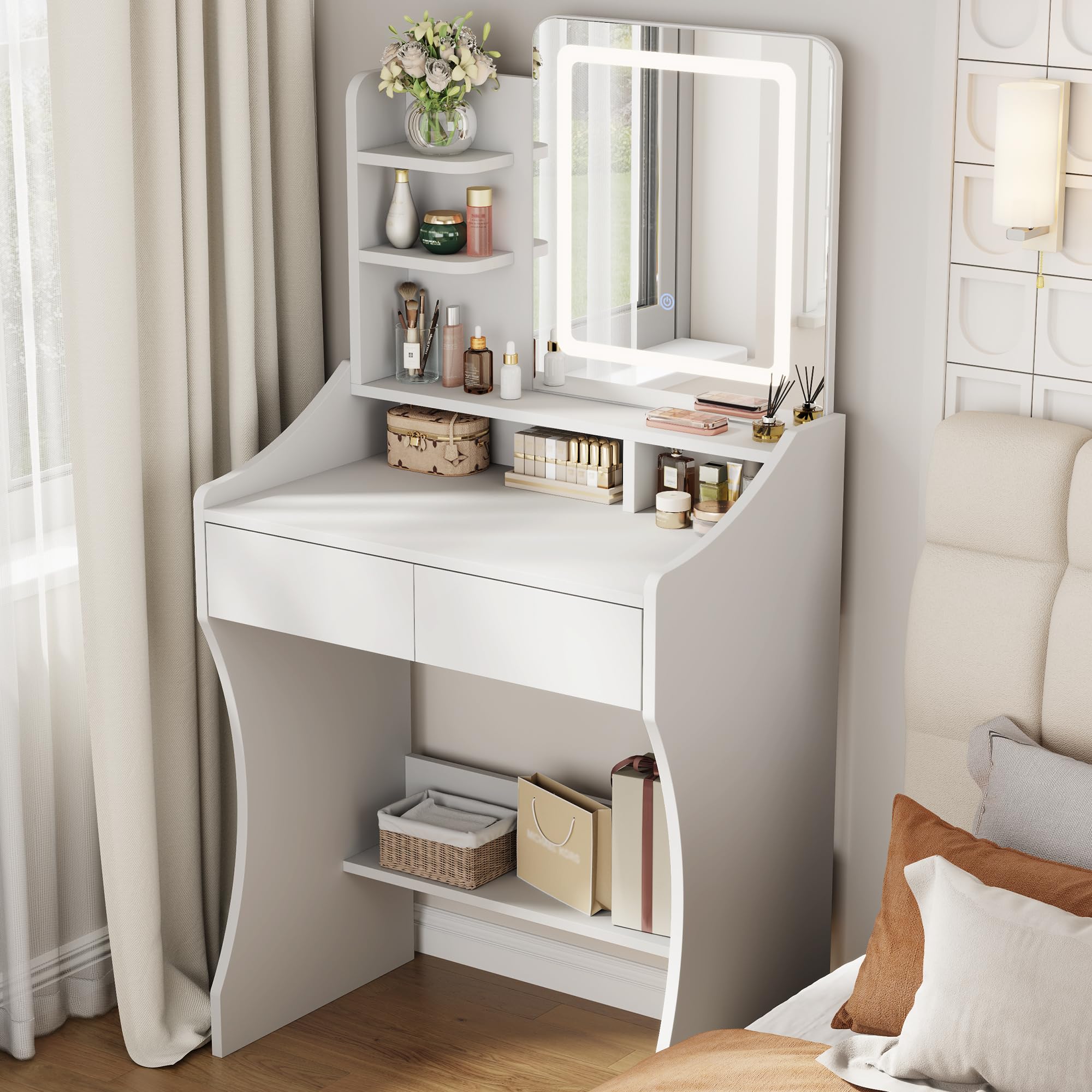 Otterease Small Vanity Desk, Makeup Vanity with Mirror and Lights, Vanity Desk with Drawer & 3 Storage Shelves, White Makeup Van