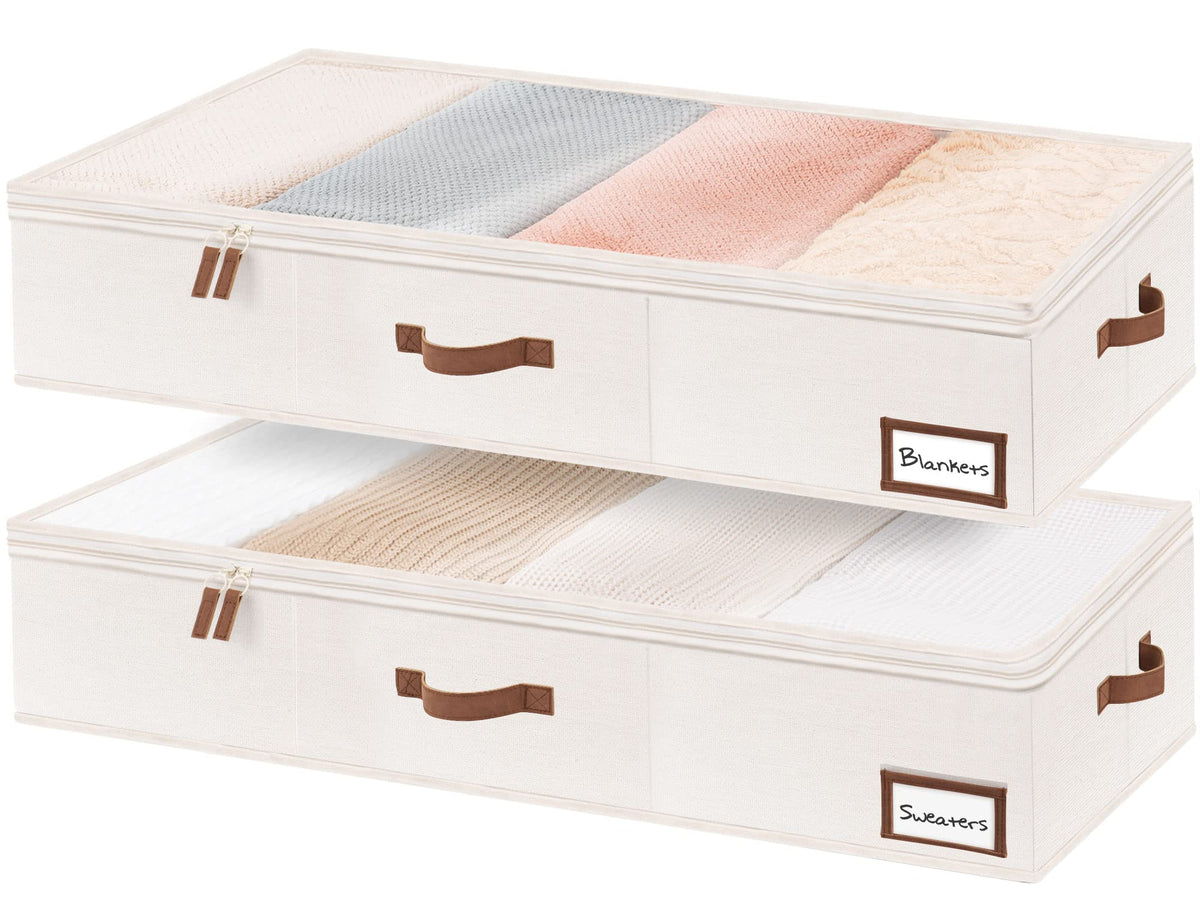 StorageWorks Underbed Storage Bins, Under Bed Storage Containers with Zippers, Closet Organizer for Clothes, Blankets, Ivory Whi