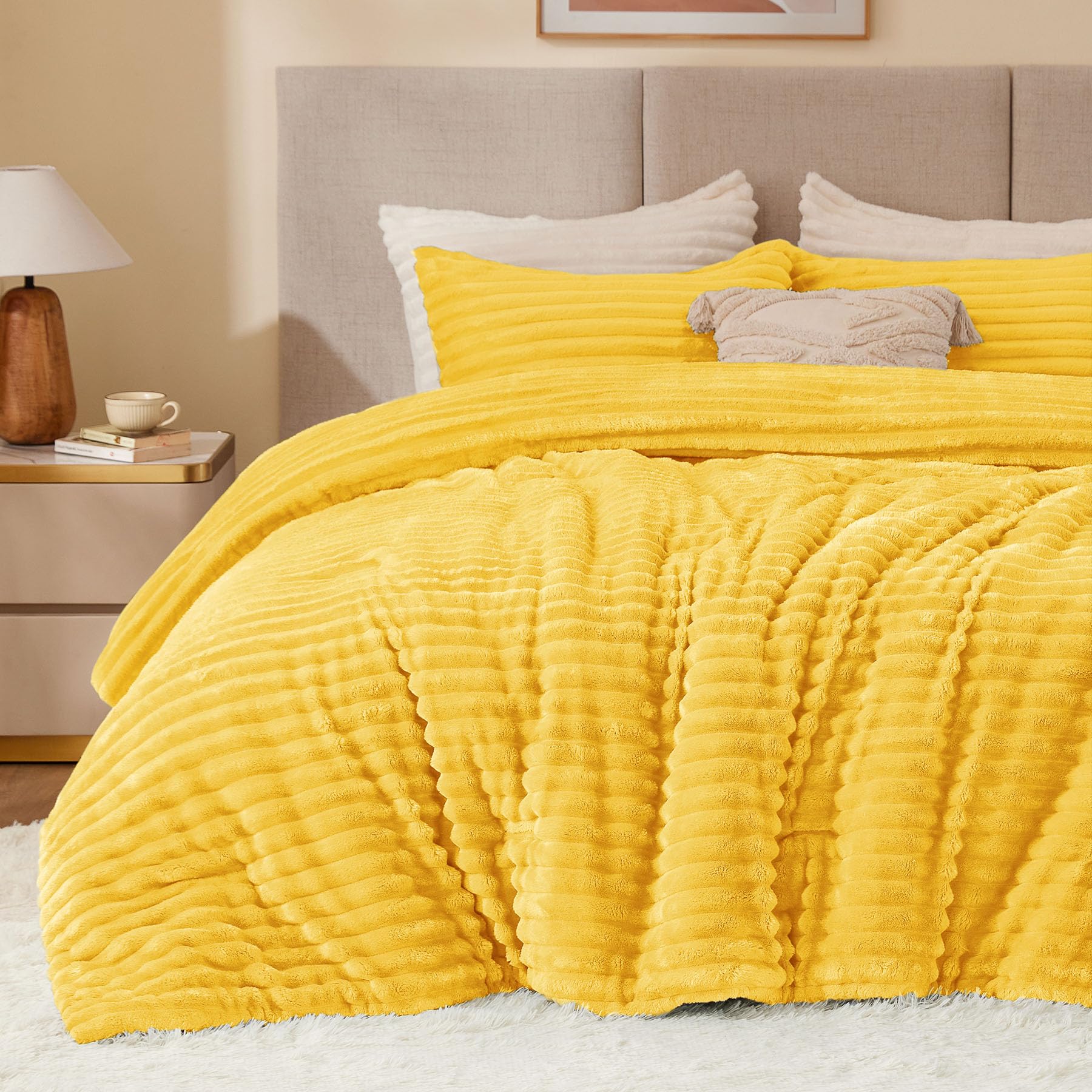 Bedelite Fleece Queen Comforter Set -Super Soft & Warm Fluffy Bright Yellow Bedding, Luxury Fuzzy Heavy Bed Set For Winter With