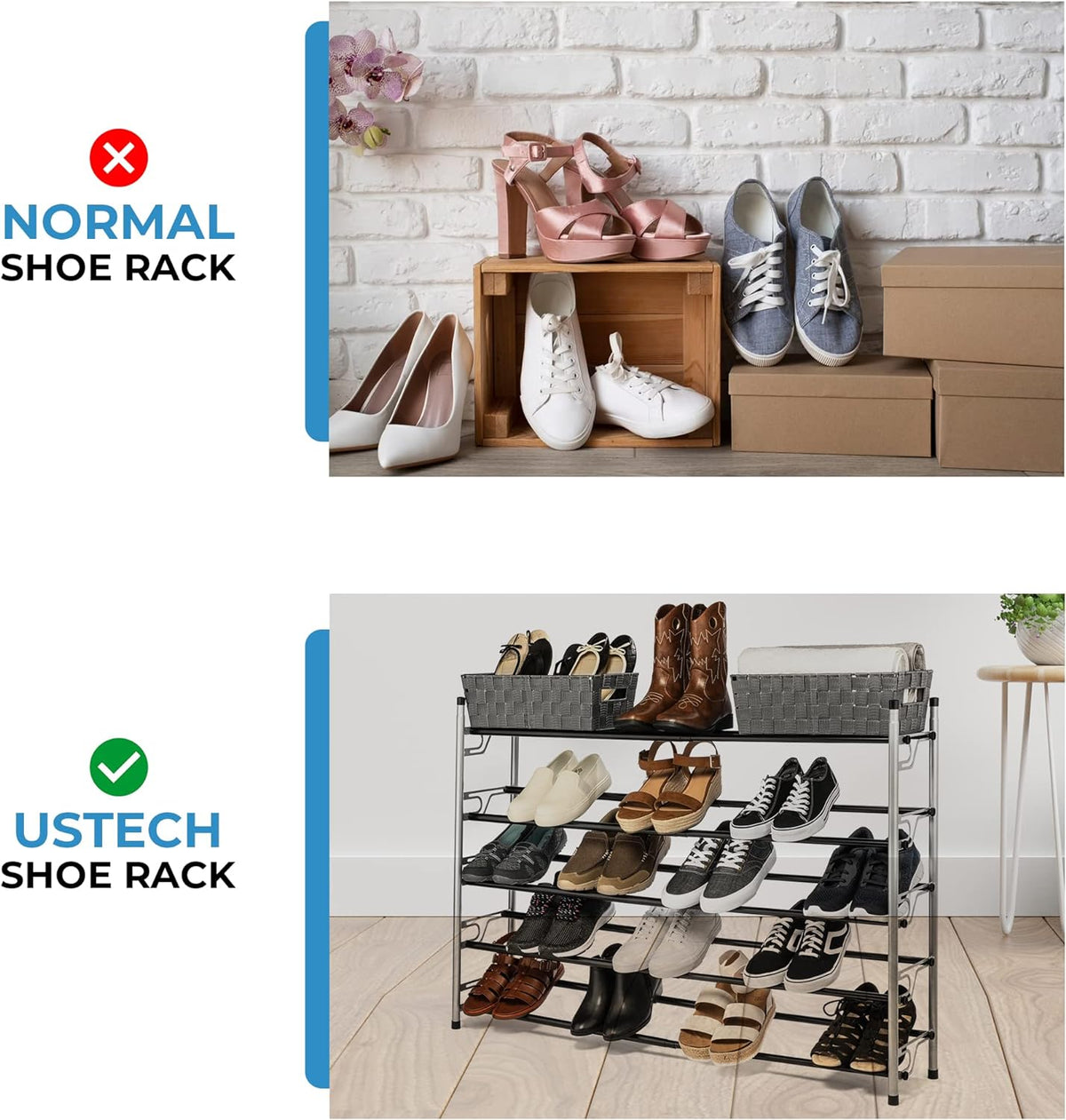 5-Tier Adjustable Freestanding Shoe Rack Organizer, Stackable Metal, Chrome