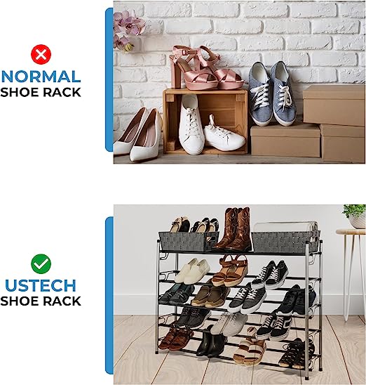 5-Tier Slide-n-Adjust Shoe Rack, Expandable Free-Standing Organizer, Silver & Black