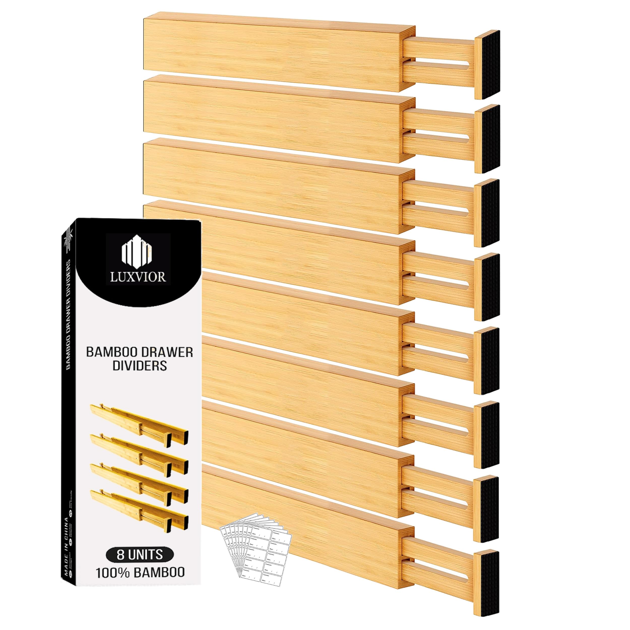 LUXVIOR Expandable Bamboo Drawer Dividers 8 pack with labels(17.5-22) Drawer Organizer for Kitchen, Clothes,Utensils,Silverware,