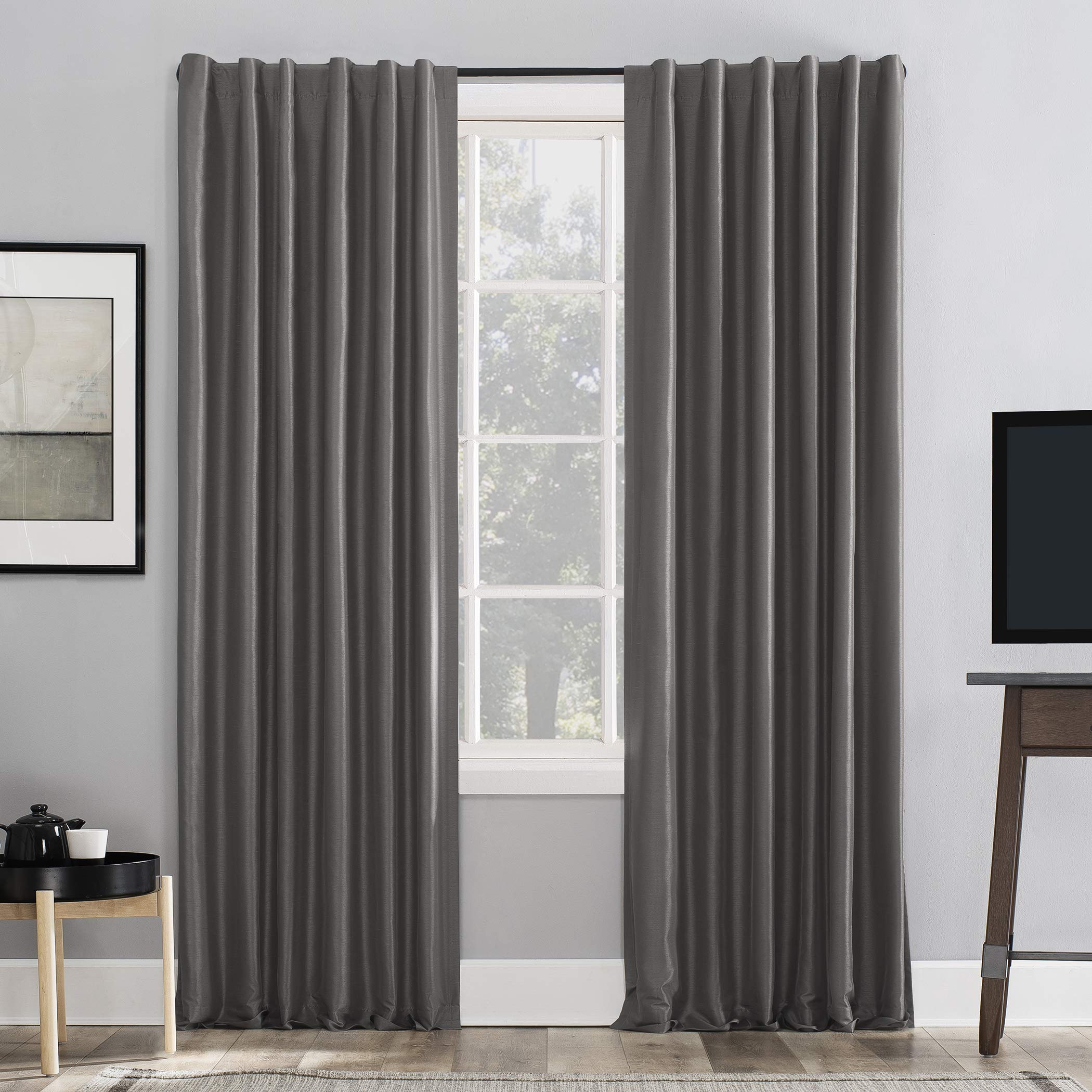 Sun Zero Greyson Faux Dupioni Silk Thermal Extreme Total Blackout Back Tab Curtain Panel, 50 x 108, Iron Gray