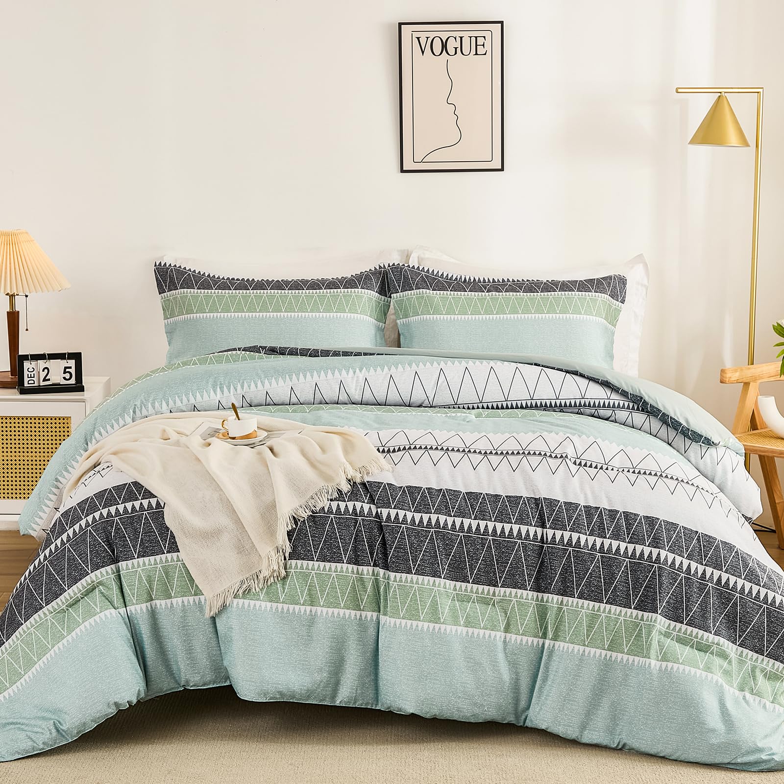 Wongs Bedding King Comforter Set-Sage Green Comforter, Reversible Boho Striped Bedding Set For King Bed - 3 Pieces (1 Comforter
