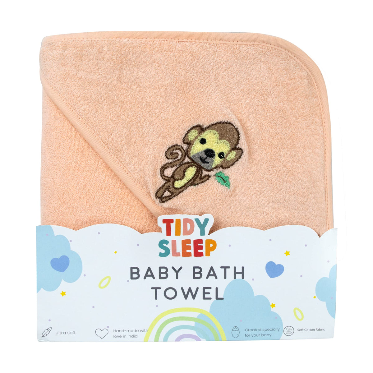 TIDY SLEEP Ultra Soft & Lightweight 100% Organic Cotton Hooded Baby Bath Towel/Wrap Towel  Orange, Pack of 1 (75 cm x 75 cm)