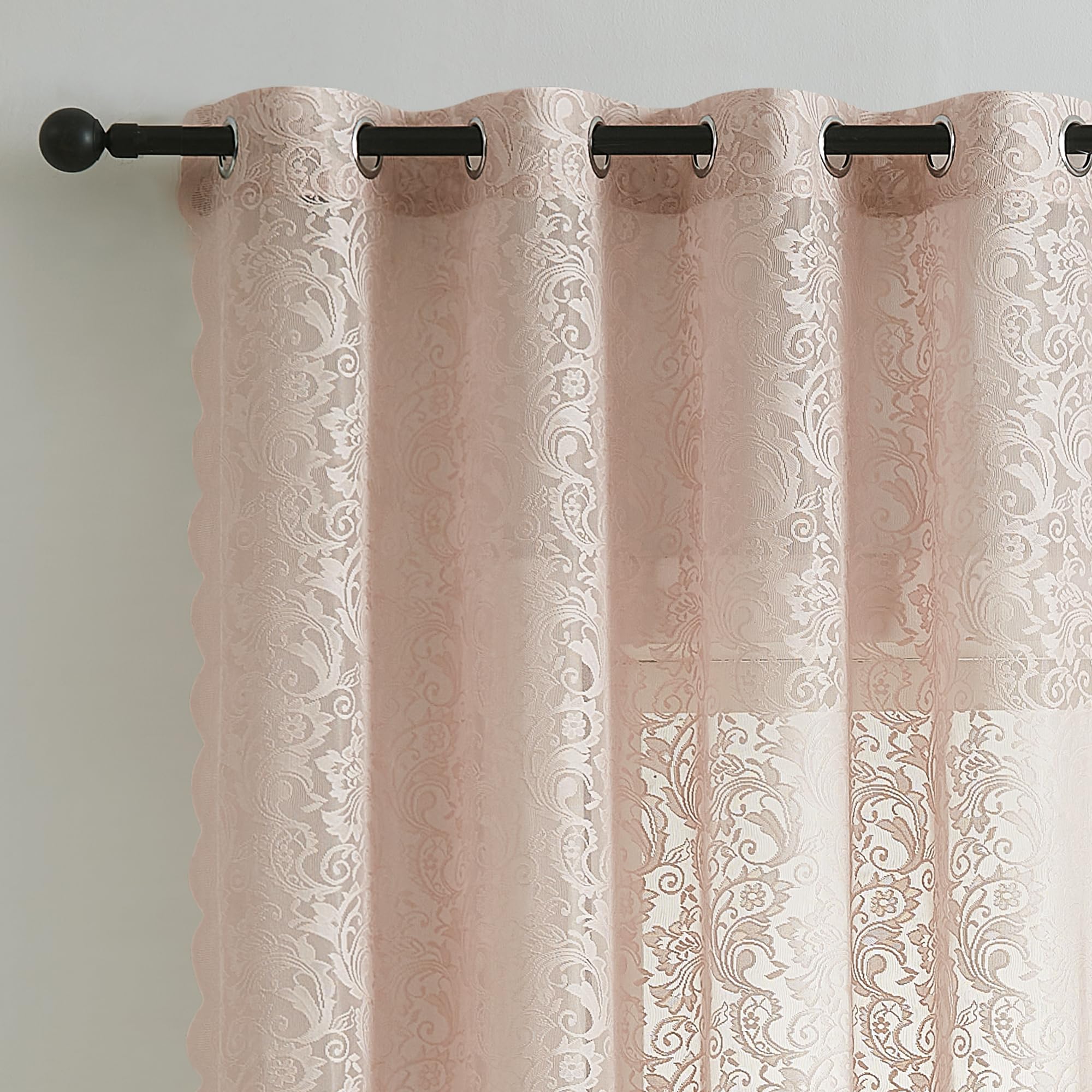 Bujasso Pink Lace Sheer Curtains 108 Inch Vintage Floral Sheer Window Curtain Panels For Living Room Bedroom Elegant Light Filte