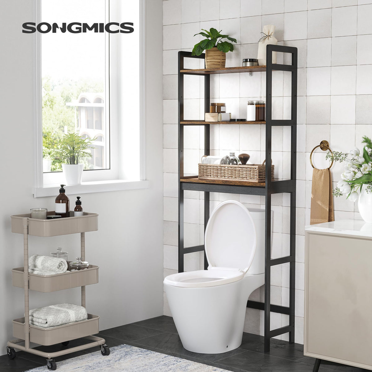 SONGMICS 3-Tier Over Toilet Storage, Adjustable Bathroom Organizer Shelf, Rustic Brown and Black, 10.2 x 24.8 x 64.2 Inches