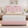Full Upholstered Led Bed Frame with Wheels Decor & Adjustable Curved Headboard Modern Car-Shaped Platform Bed with Detachable Pi