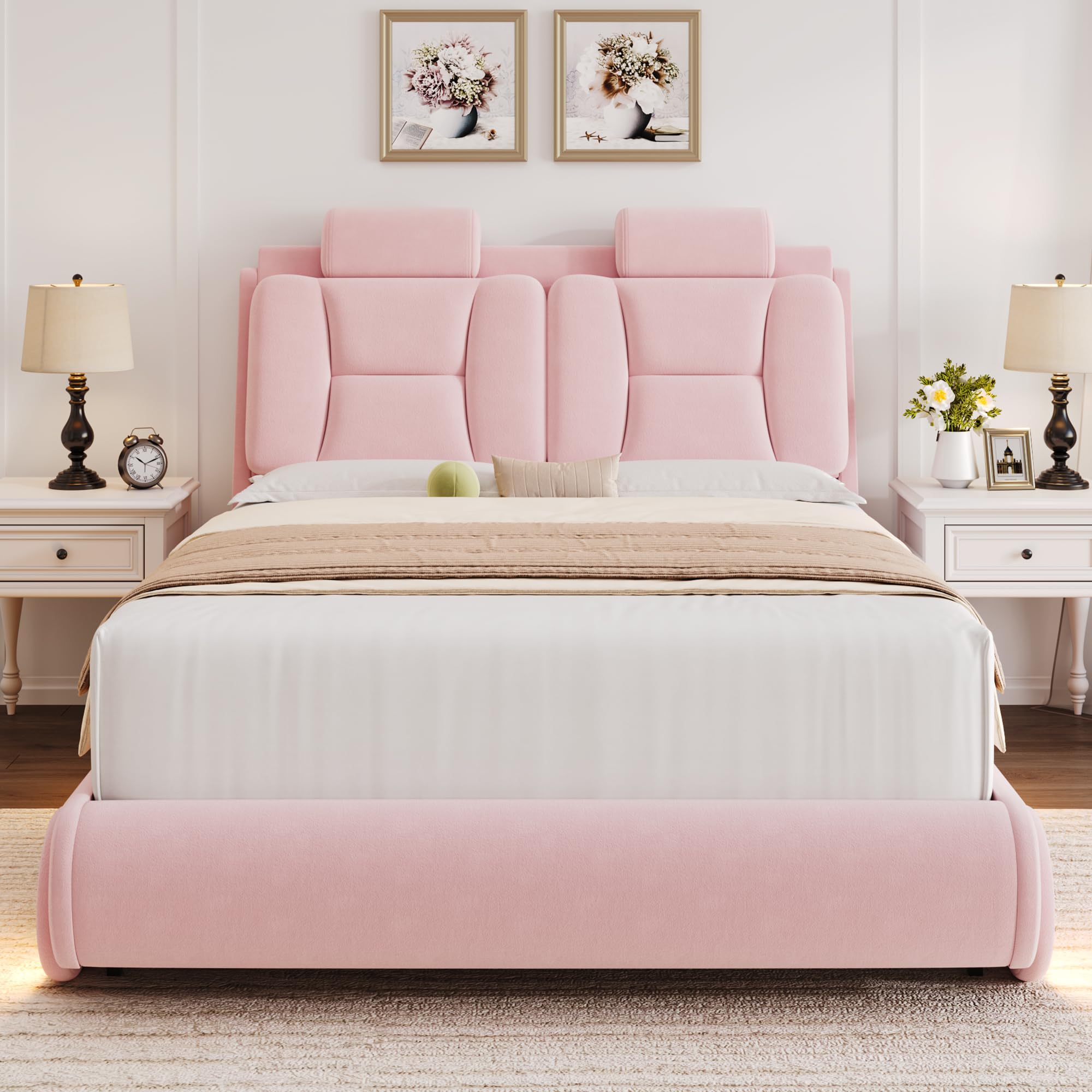Full Upholstered Led Bed Frame with Wheels Decor & Adjustable Curved Headboard Modern Car-Shaped Platform Bed with Detachable Pi