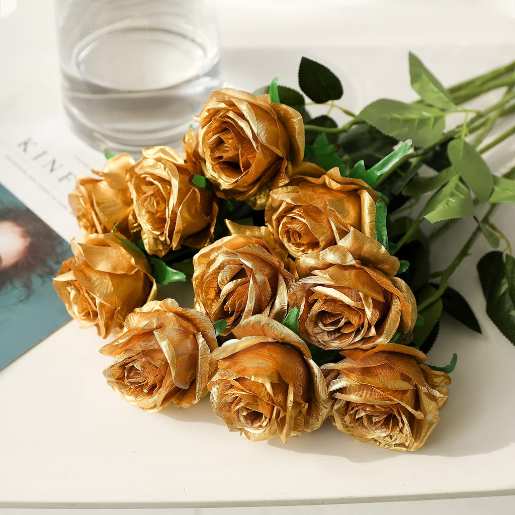Tifuly Gold Roses Artificial Flowers -12Pcs Realistic Single Long Stem Fake Silk Roses Bouquet For Party Home Wedding Centerpiec