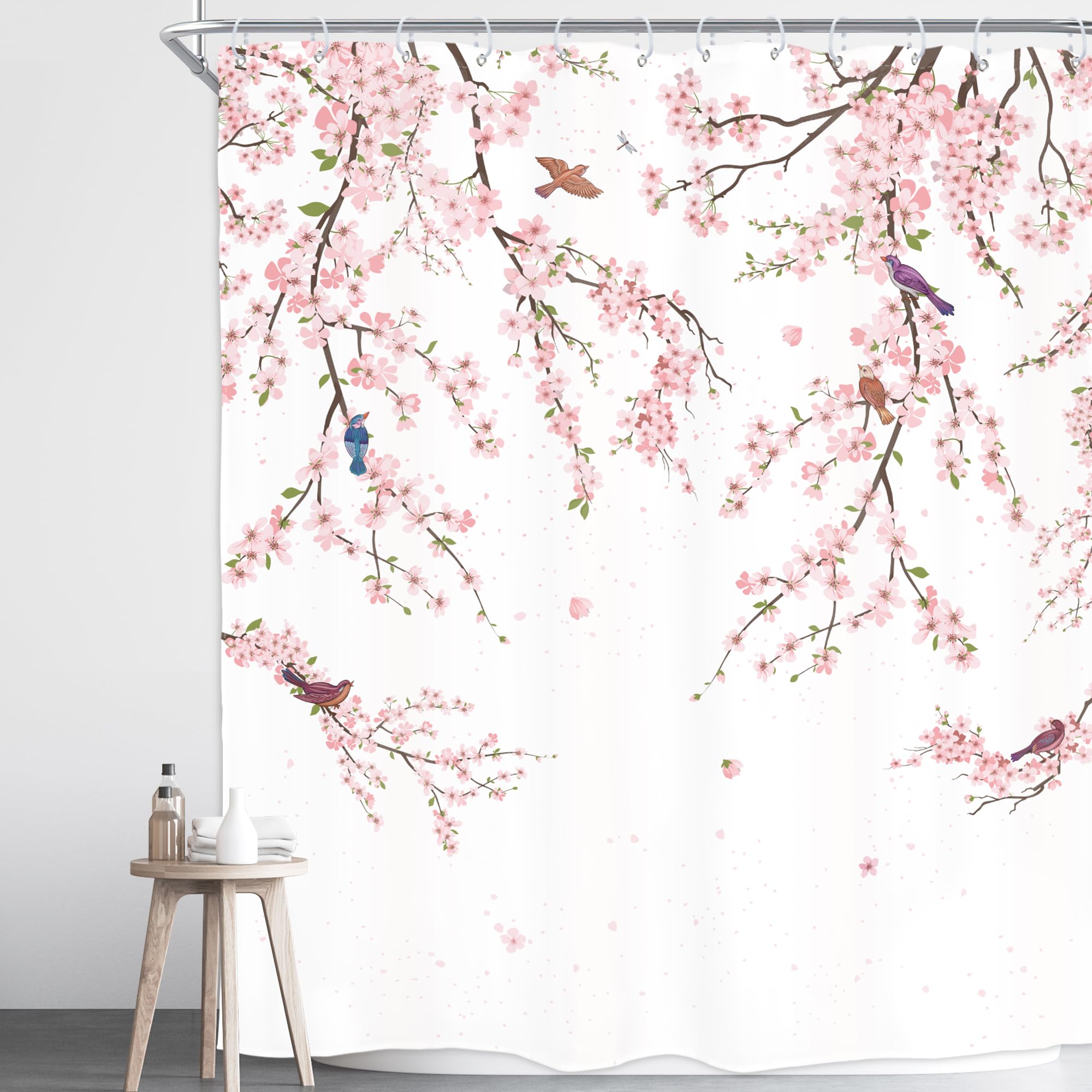 Homewelle Cherry Blossom Plum Asian Shower Curtain Japanese Weeping Flower 60Wx72H Inch Sakura Pink Floral Watercolor Cute Branc