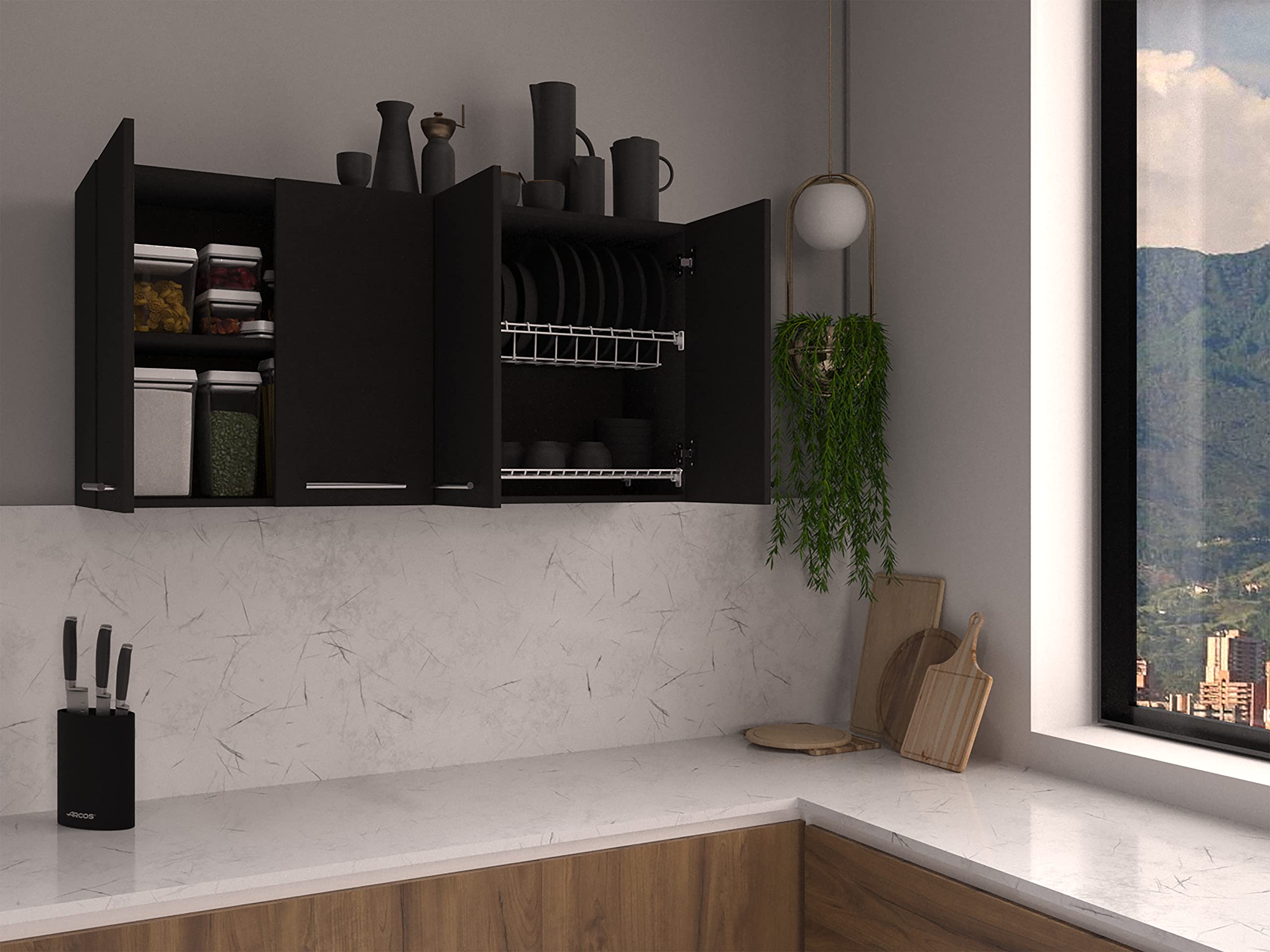 Oceana 120 Kitchen Wall Cabinet with 4 Doors, 2 Cabinets, and 2 Shelves, Black Wenge