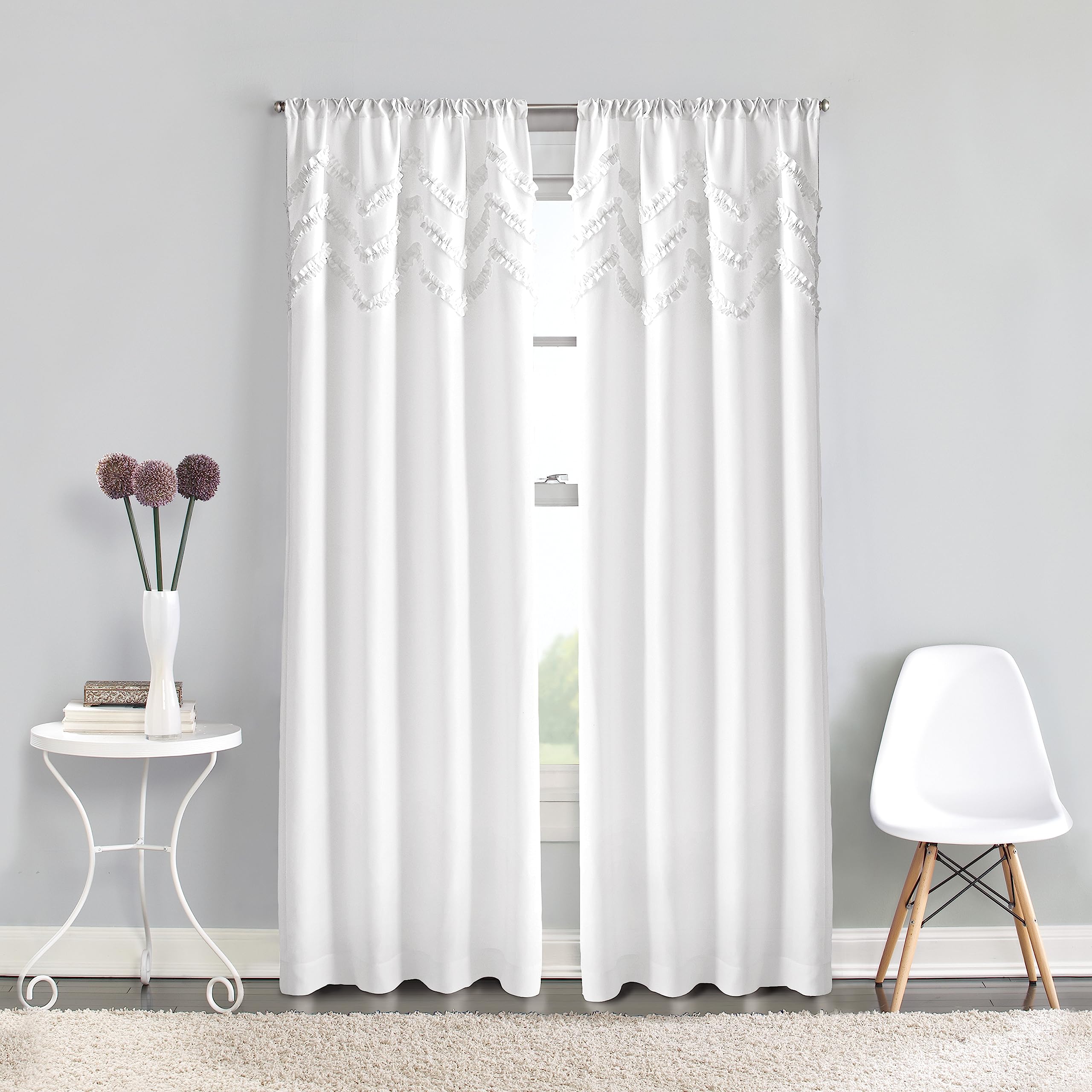 CHF Zig Zag Chevron Ruffle Rod Pocket Single Curtain Panel, 95 inch, White
