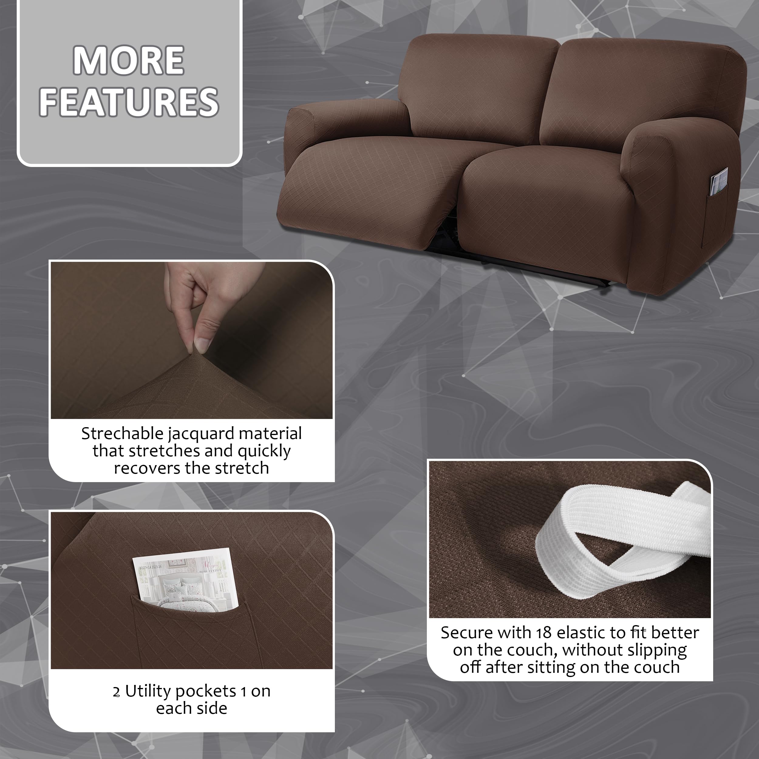 ULTICOR Reclining 2 Seater Sofa Slipcover, Jacquard, Extra Wide 75"-100", Chocolate