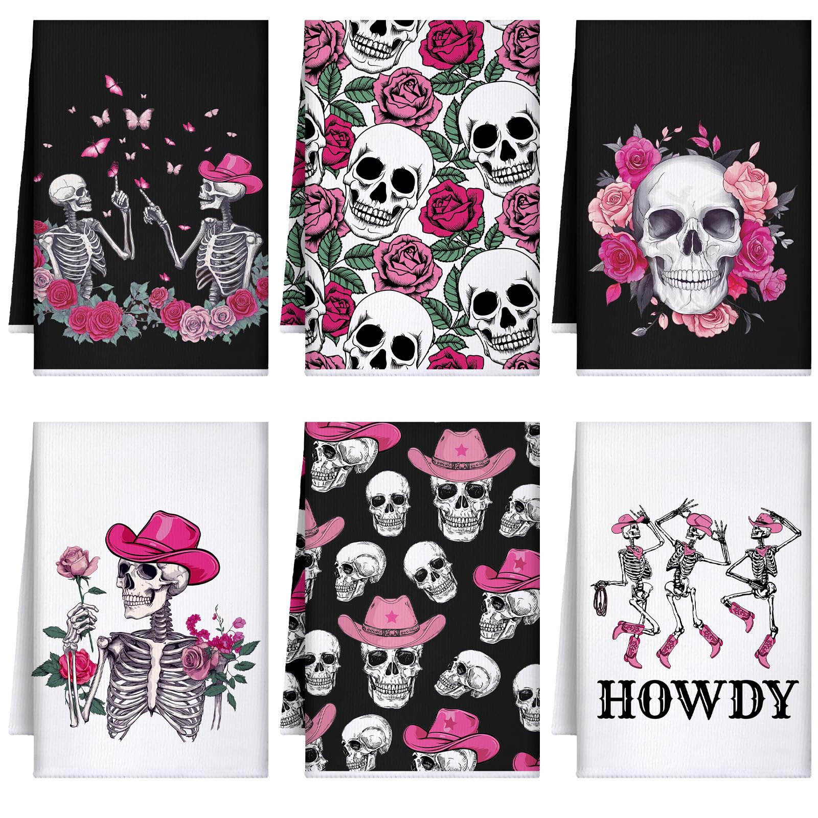 Bencailor 6 Pcs Christmas Skull Kitchen Towels Gothic Spooky Christmas Dish Hand Towels Skeleton Pink Red Rose Tea Washcloth for