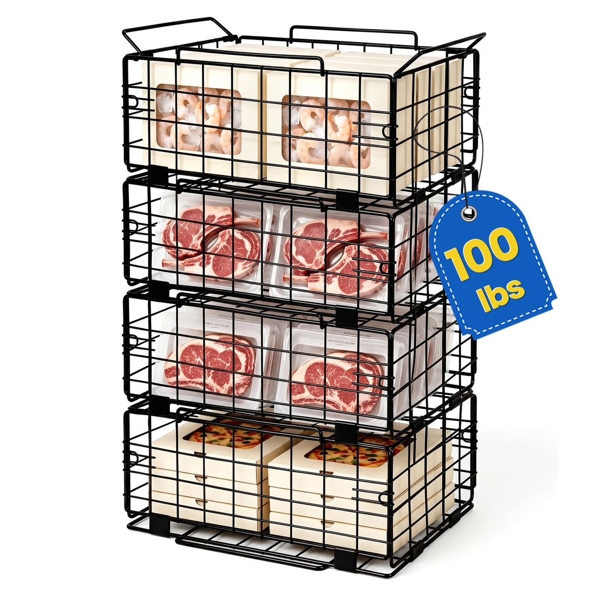 Leafory Reinforced Freezer Organizer Bins, 4 Pack Heavy Duty Metal Freezer Baskets, Stackable Deep Freezer Storage with Handles,